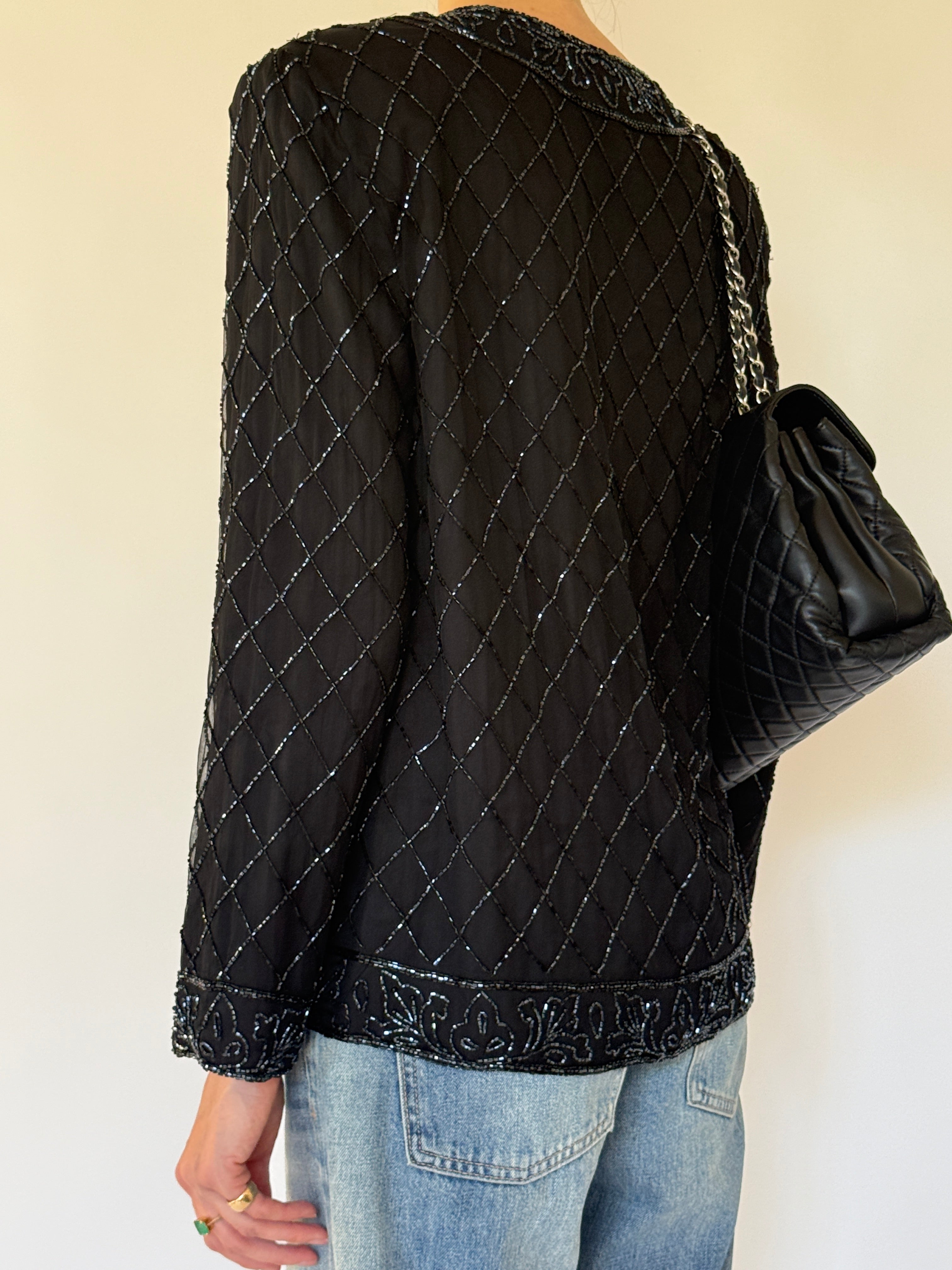 Vintage black silk beaded evening jacket back view