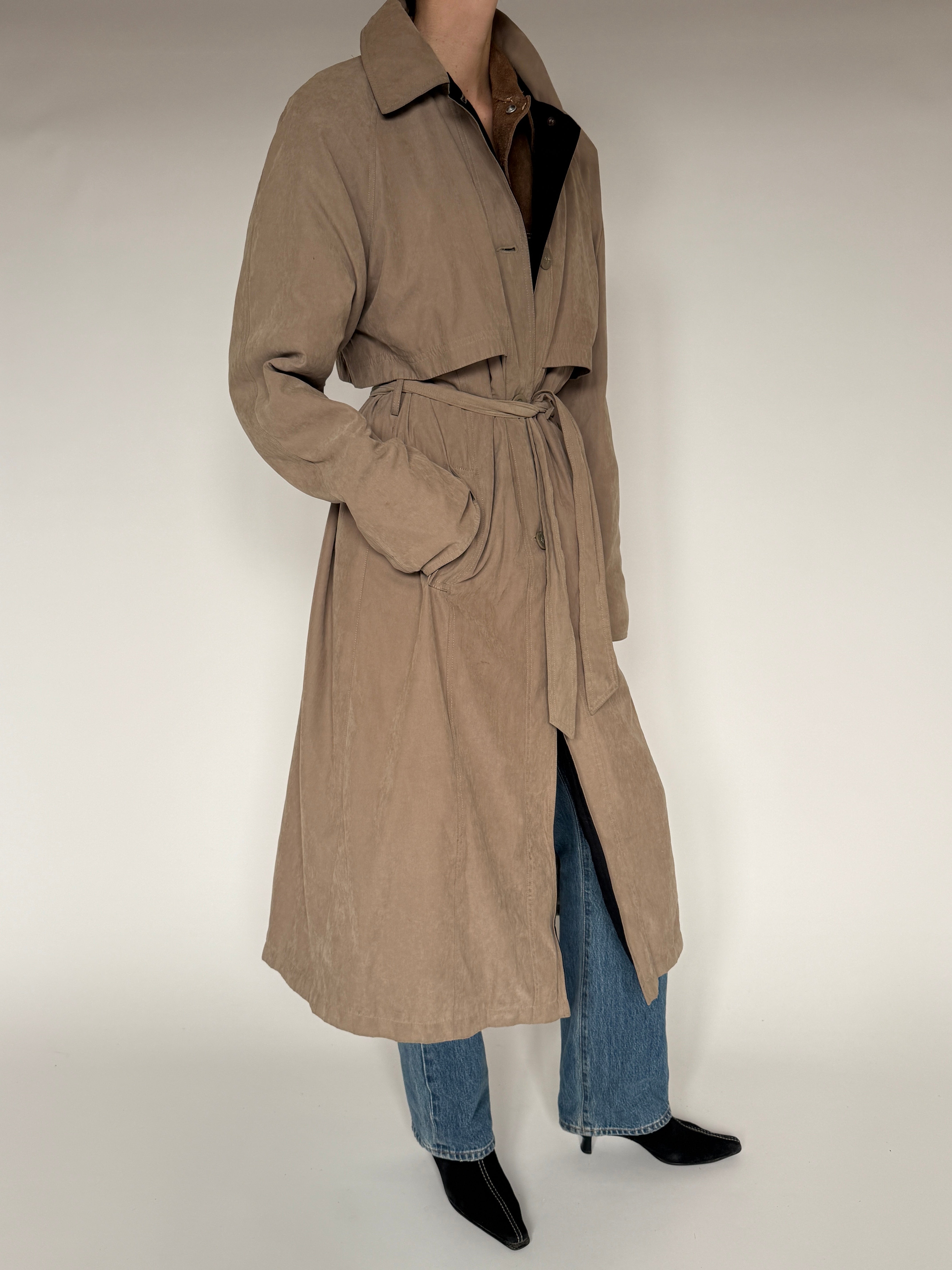 Vintage tan trench coat side view