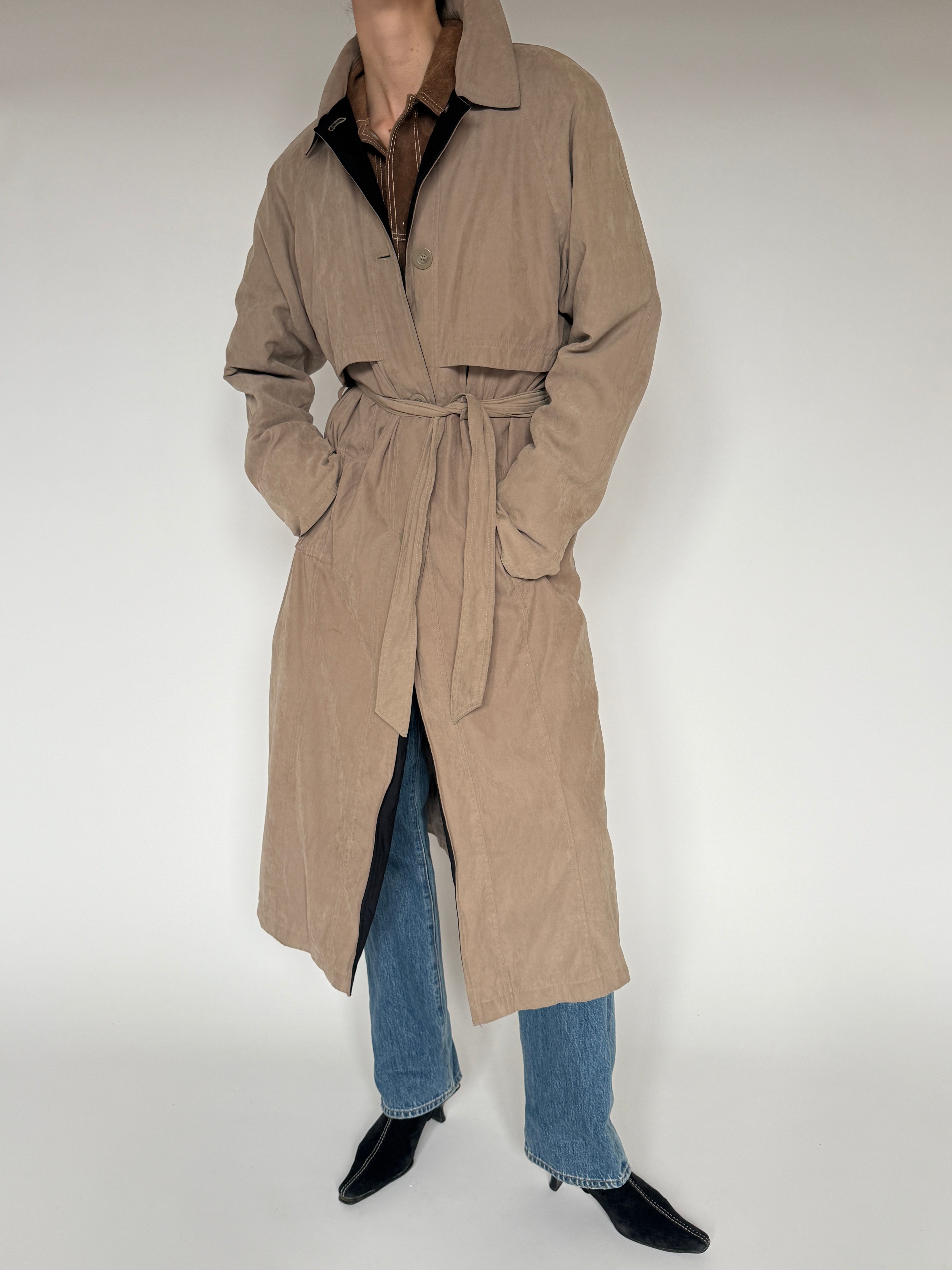 Vintage tan belted trench coat front view