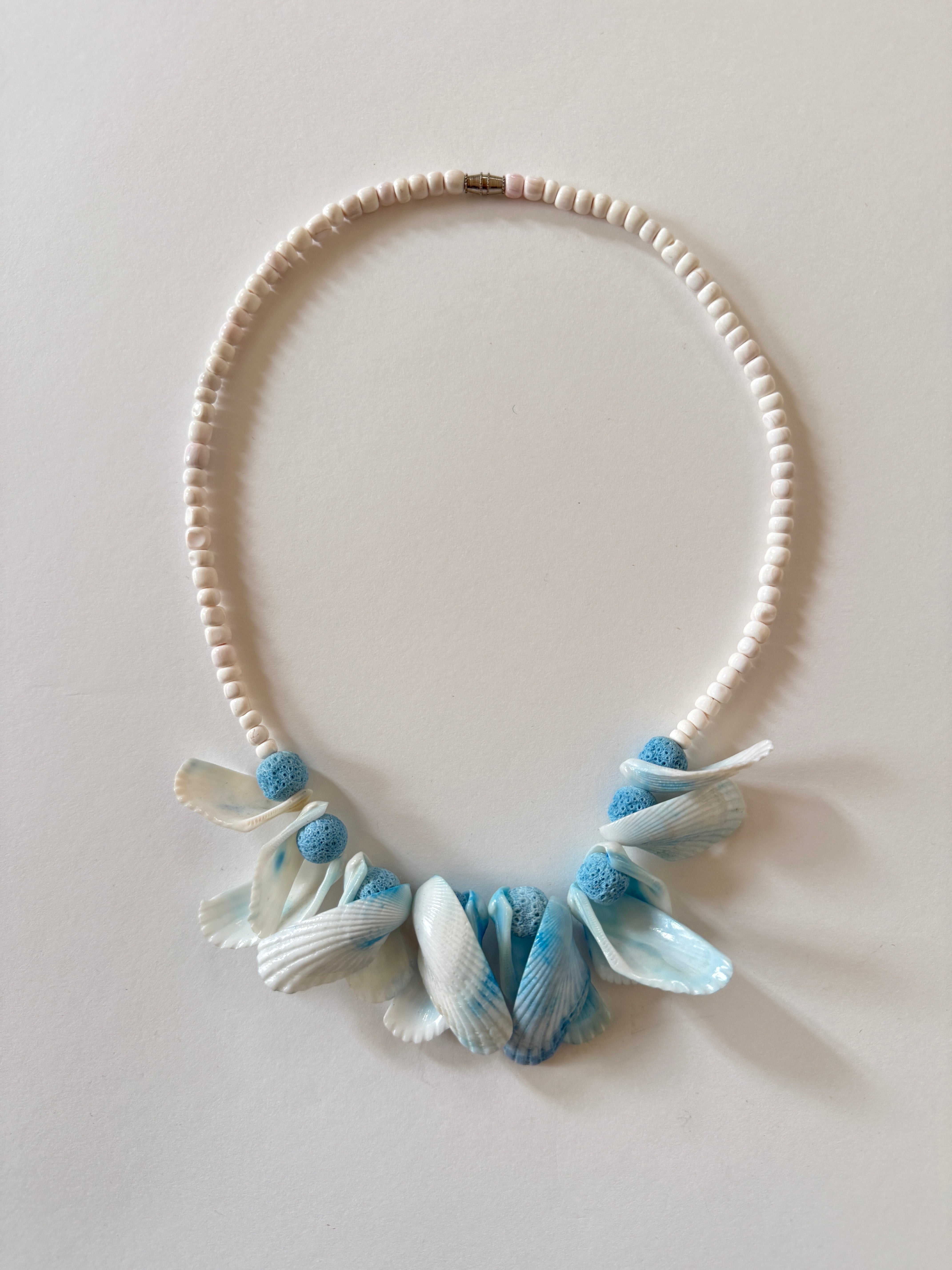 Vintage blue and white shell beaded necklace front view