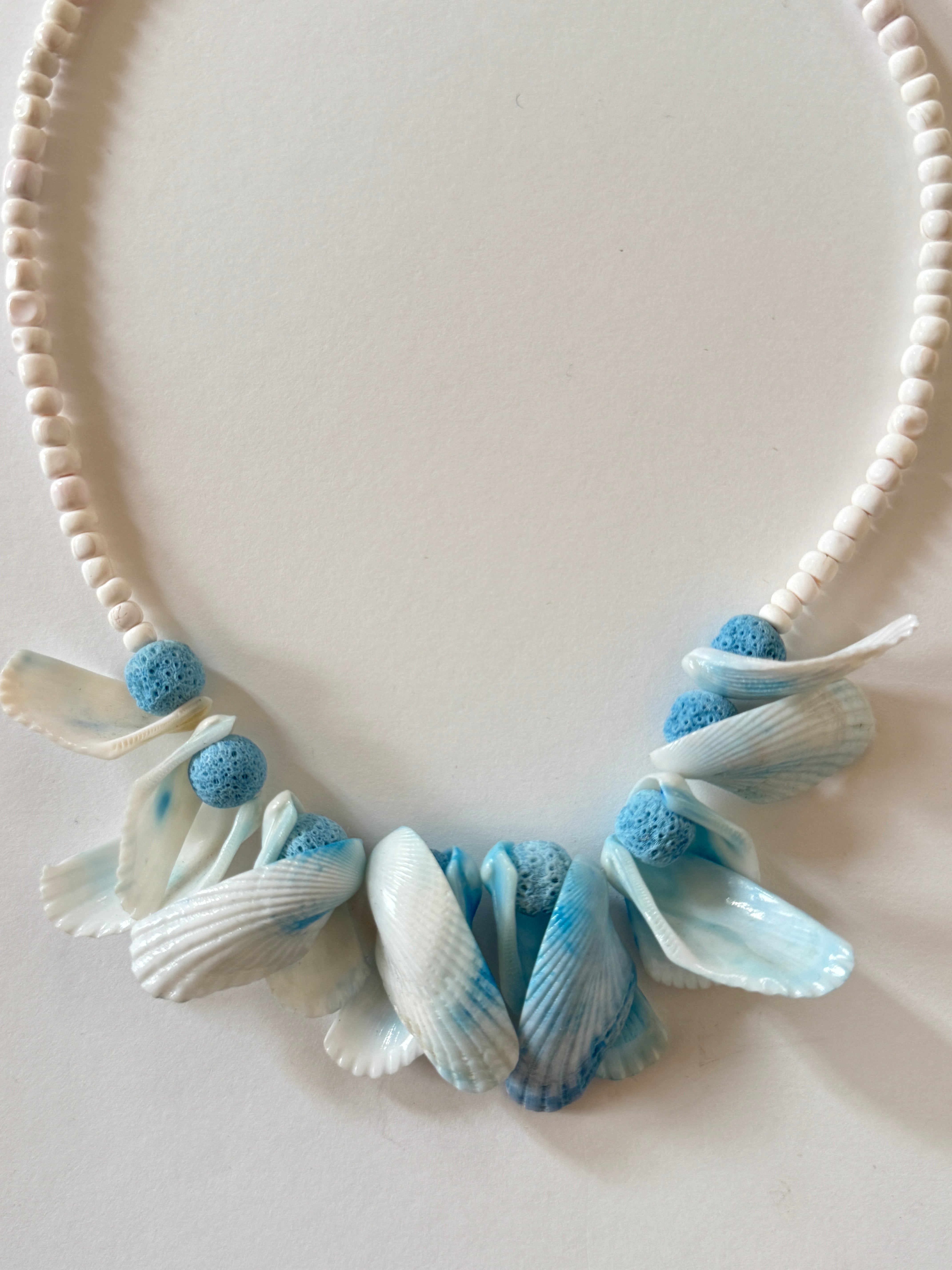 Vintage blue and white shell necklace close-up