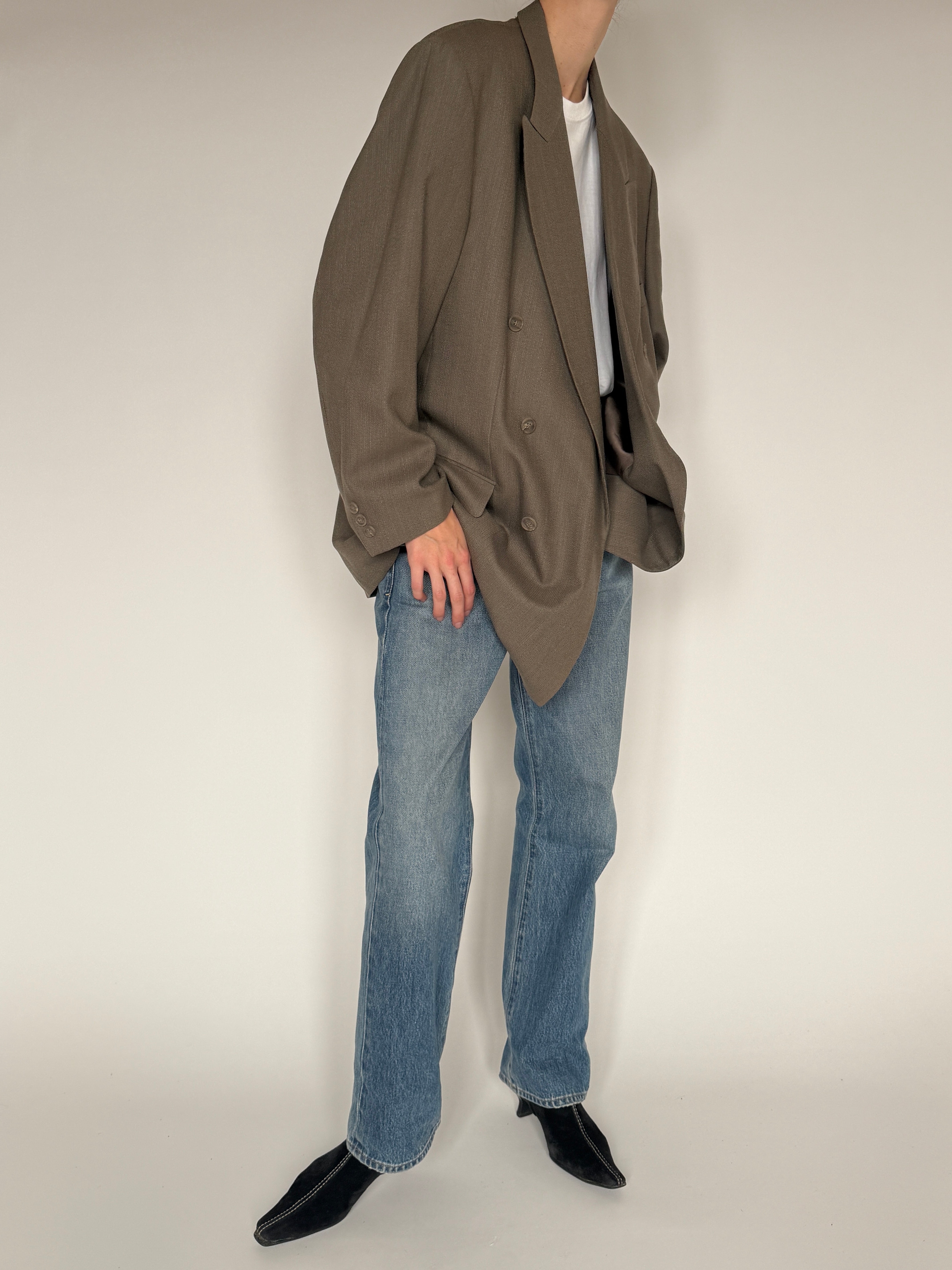 Vintage brown oversized wool double-breasted blazer side view