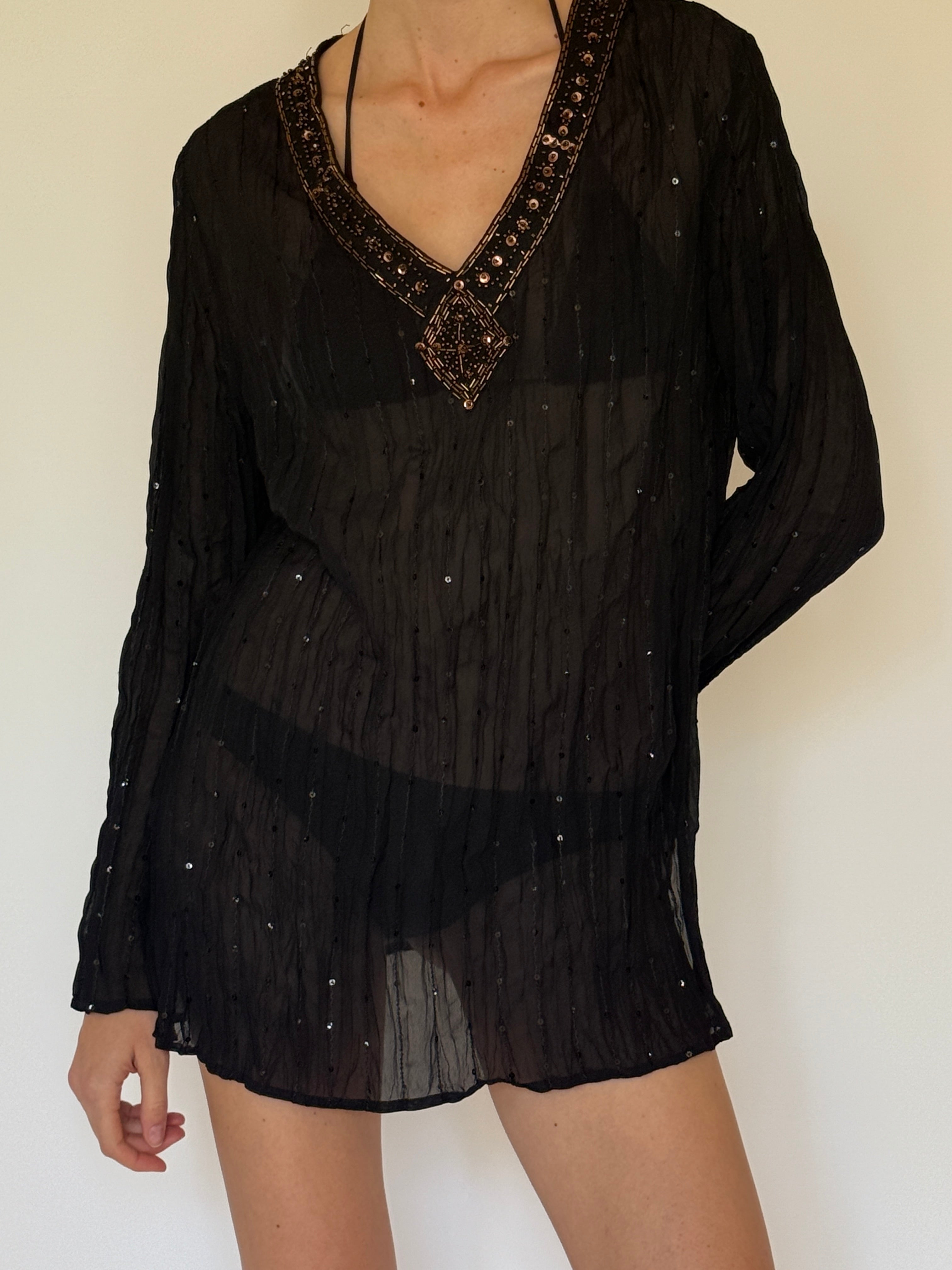 Vintage sheer embellished swim cover-up tunic front view