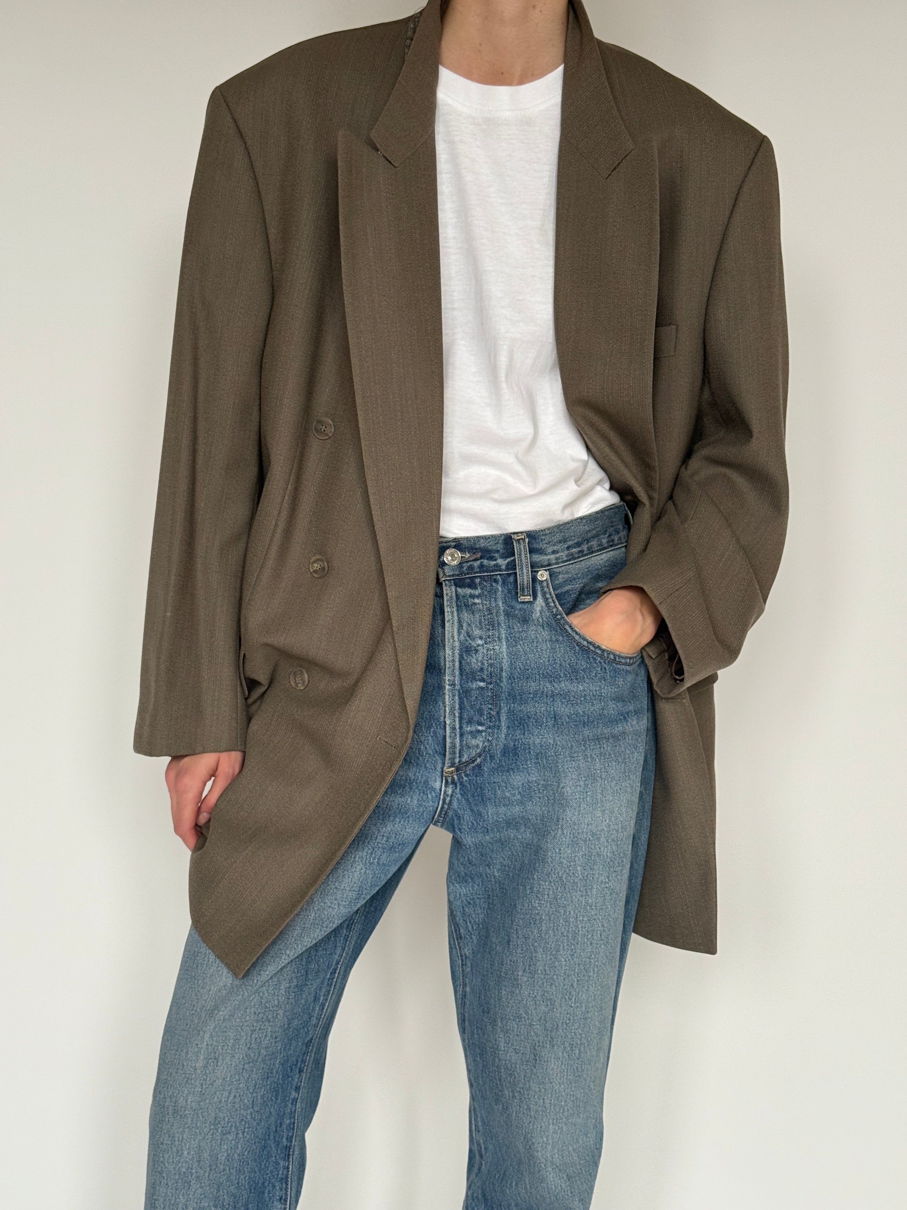 Vintage brown oversized wool double-breasted blazer front view