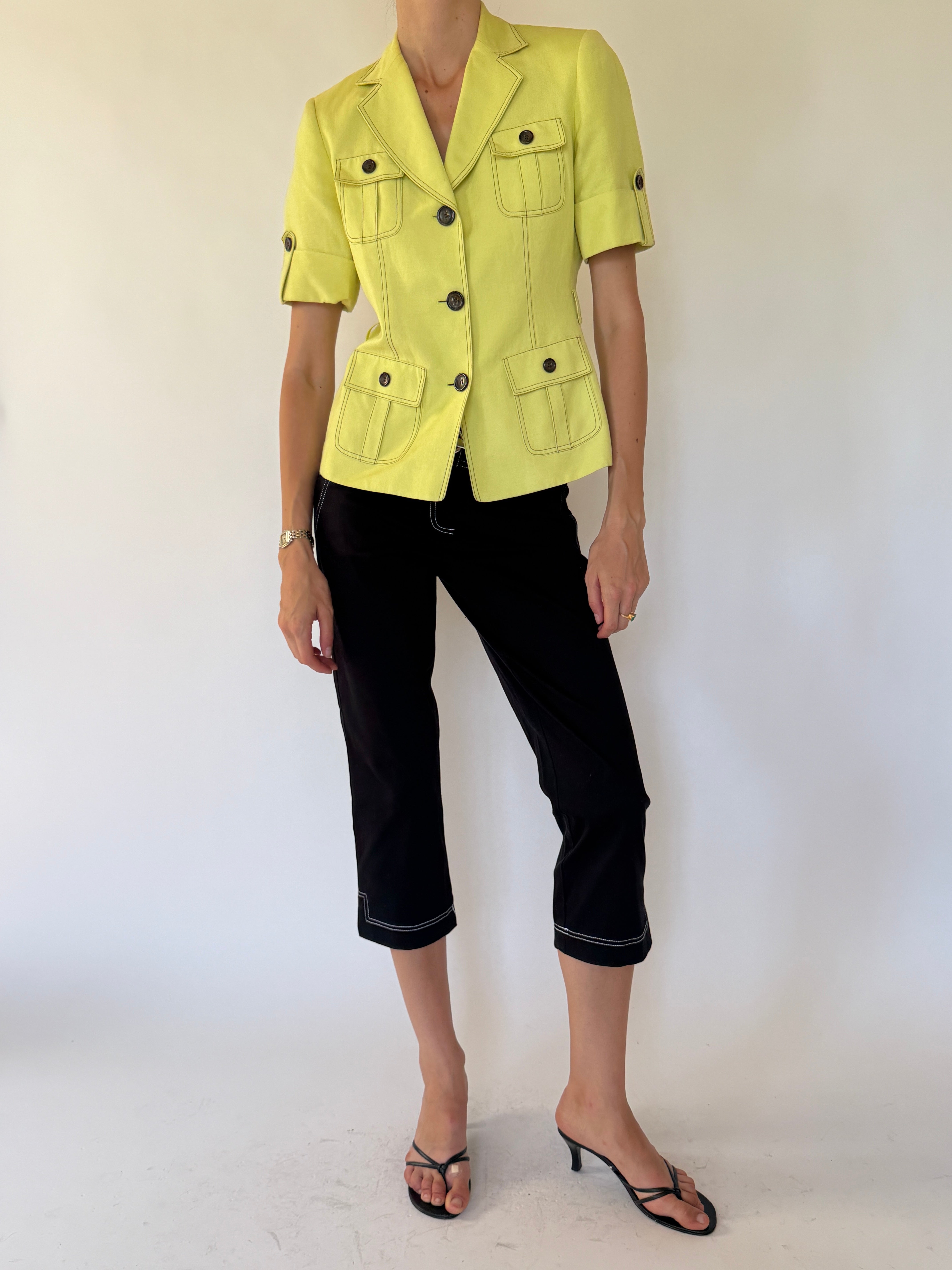 Vintage lime green short-sleeve safari jacket front view