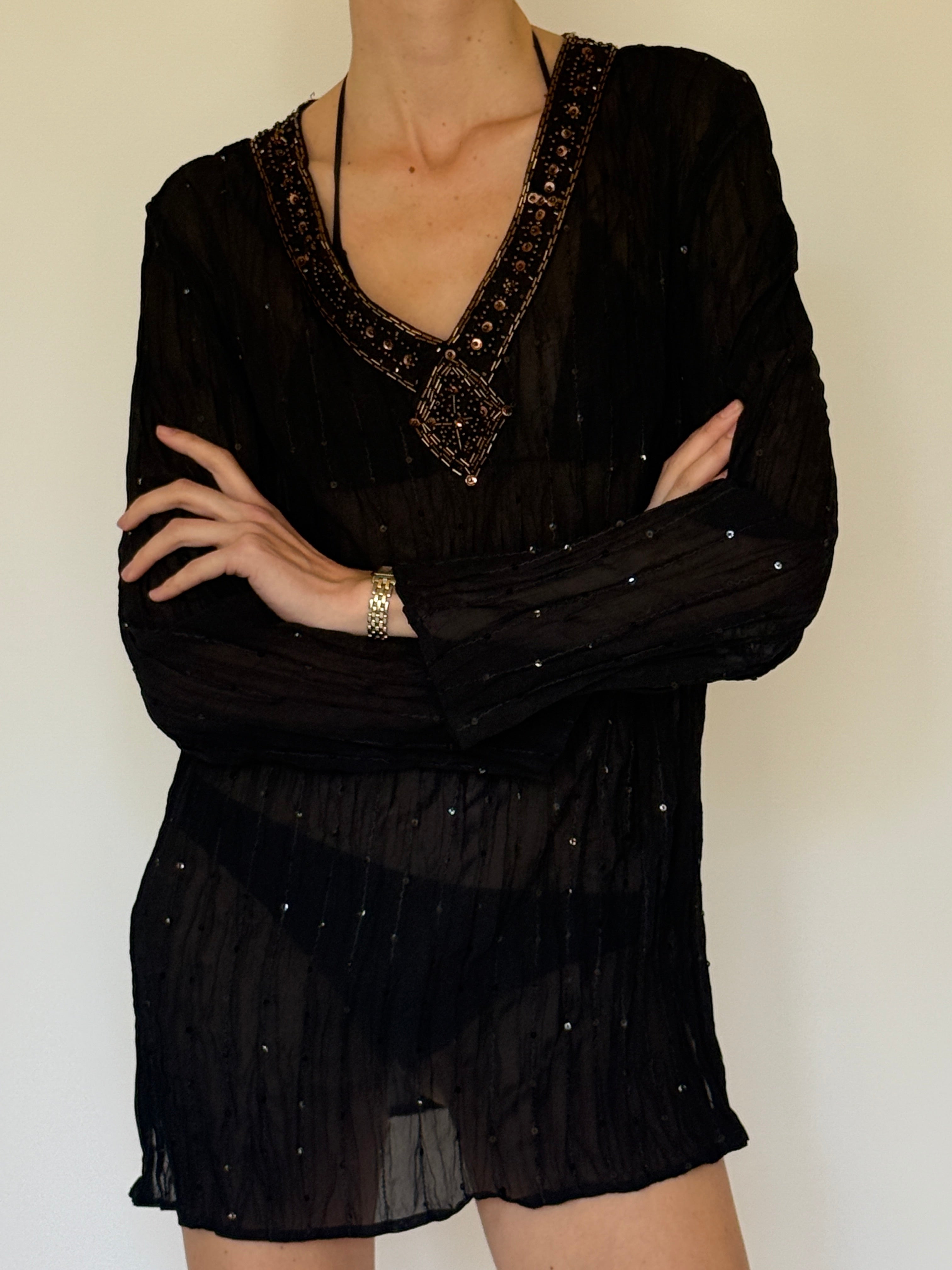 Vintage sheer embellished swim cover-up tunic fabric texture close-up