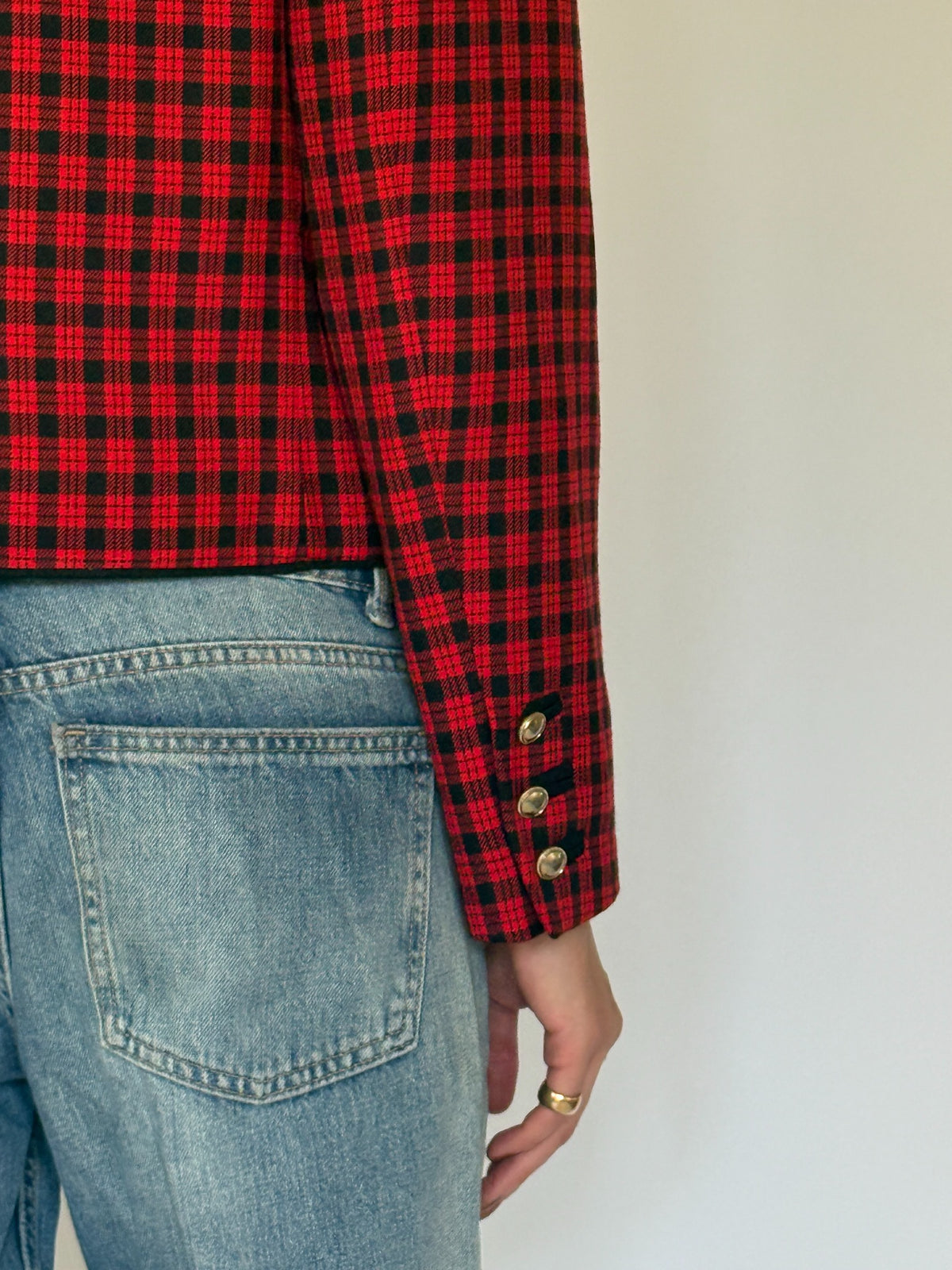 Vintage plaid collarless blazer red and black full front view