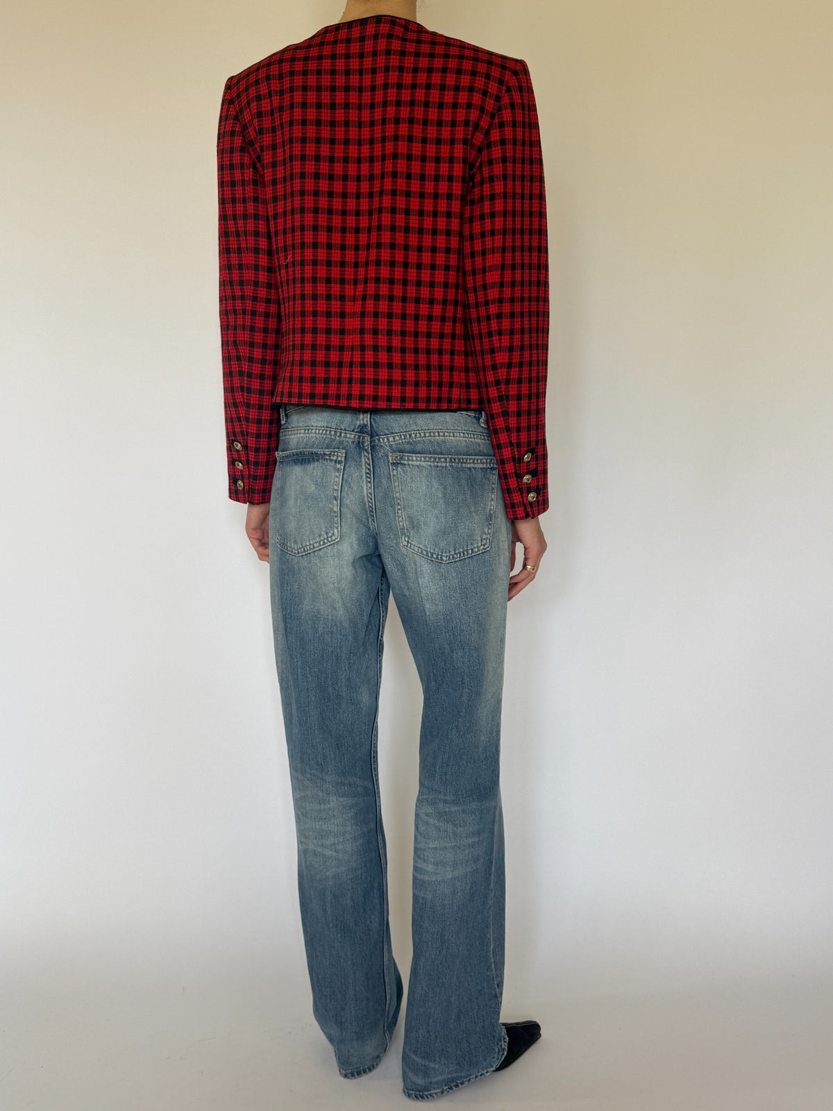 Vintage plaid collarless blazer red and black alternate front view