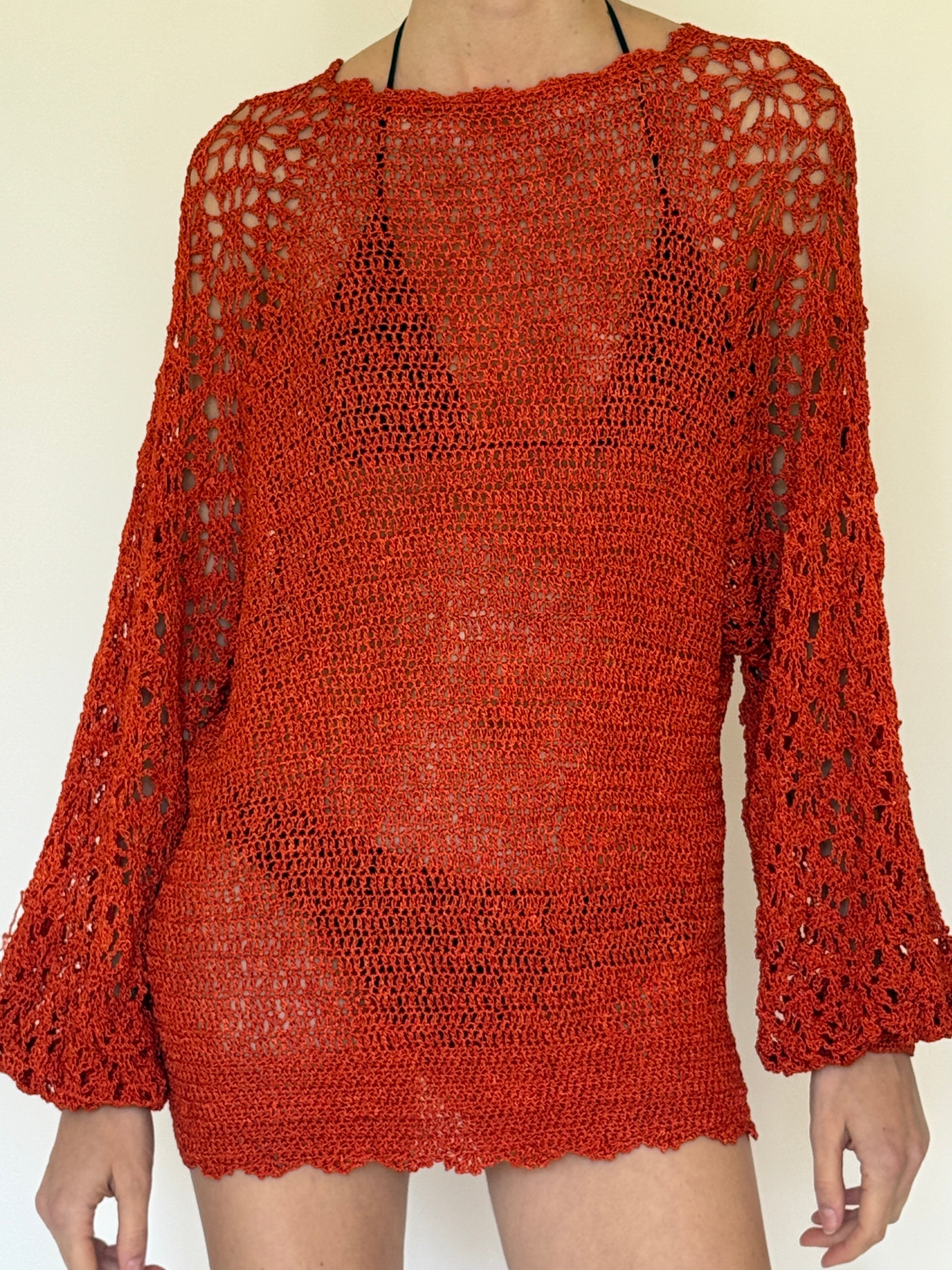 Vintage rust crochet swim cover-up dress front view