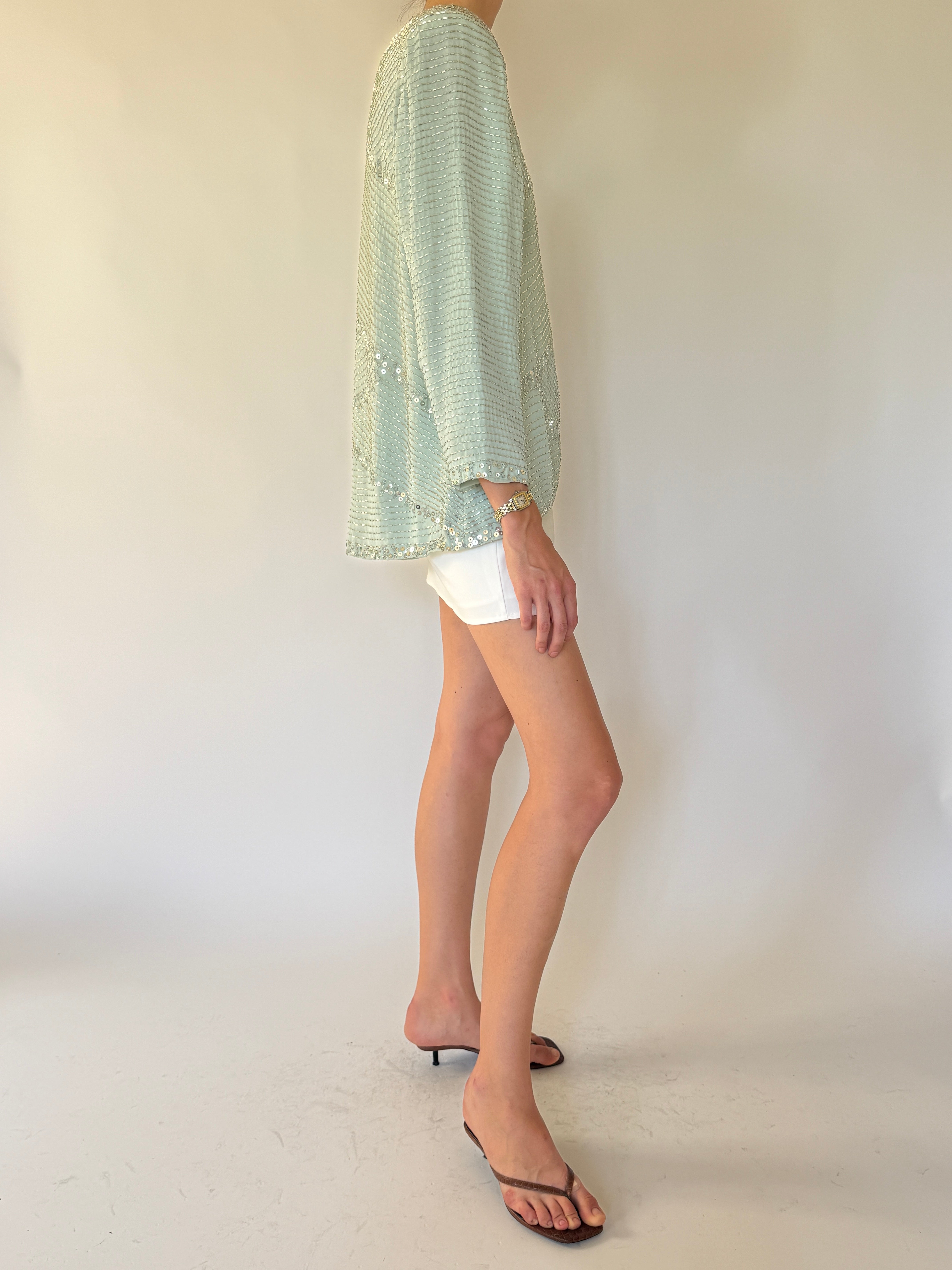 Vintage sage green beaded sequin top side view