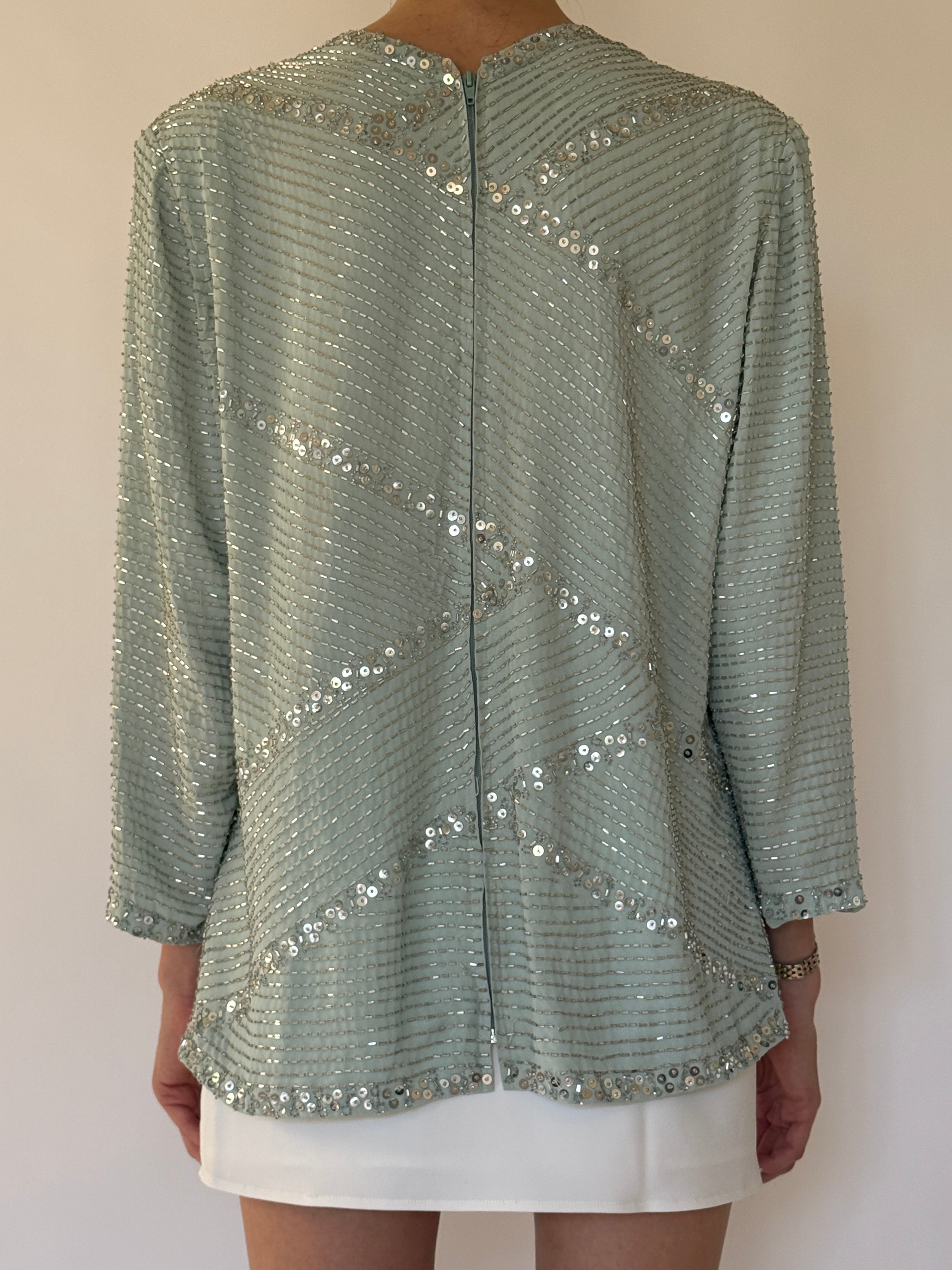 Vintage sage green beaded sequin top back view