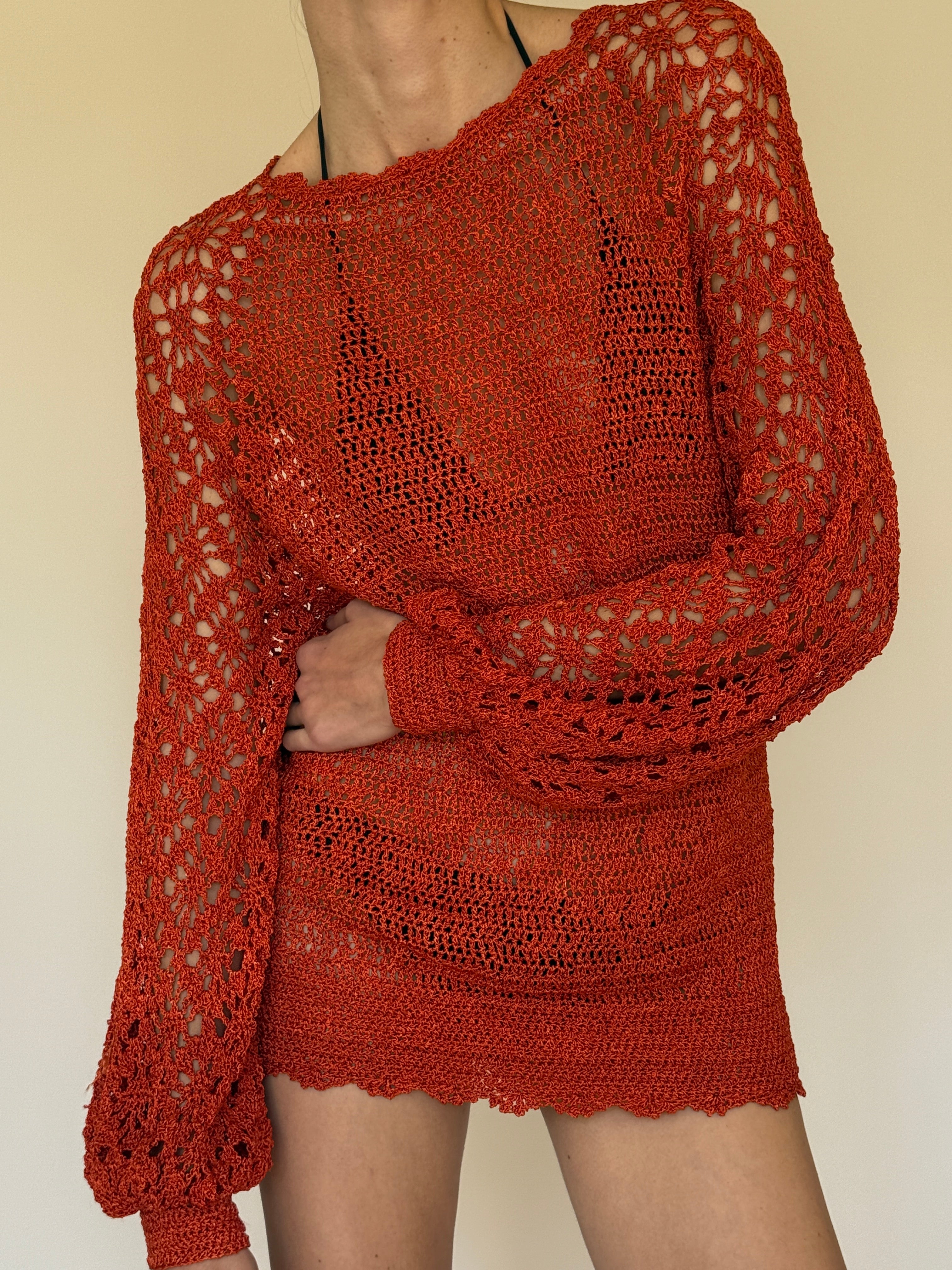 Vintage rust crochet swim cover-up dress open knit texture