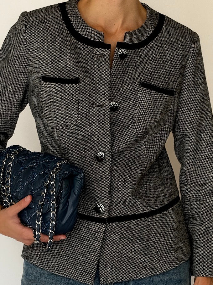 Vintage Tailored Tweed Blazer with Velvet Trim 6530
