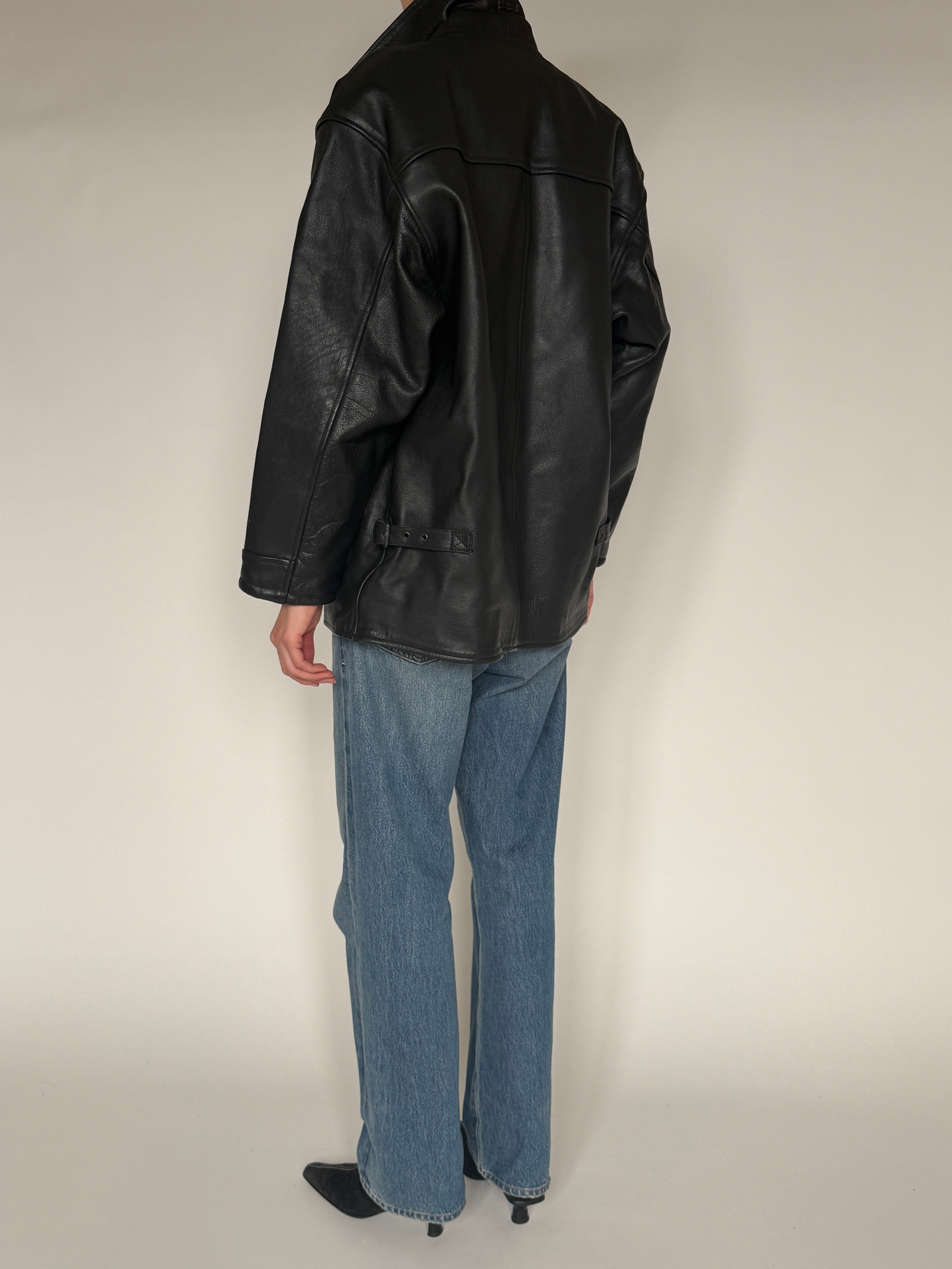 Vintage leather jacket black back view