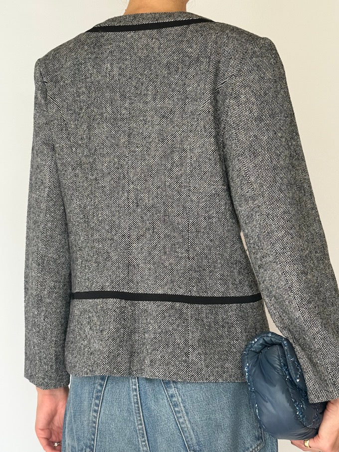 Vintage Tailored Tweed Blazer with Velvet Trim 6530