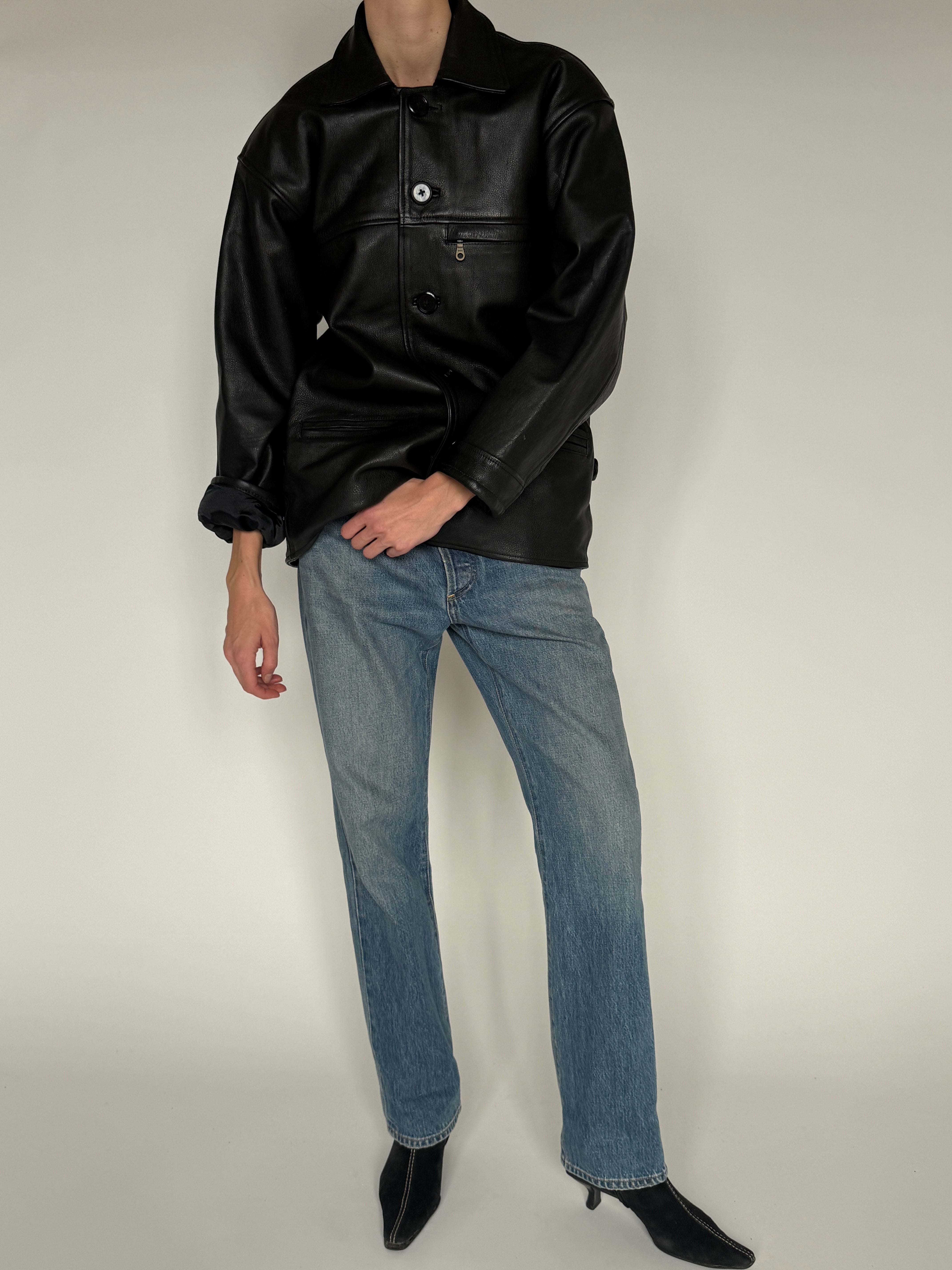 Vintage black leather jacket full look
