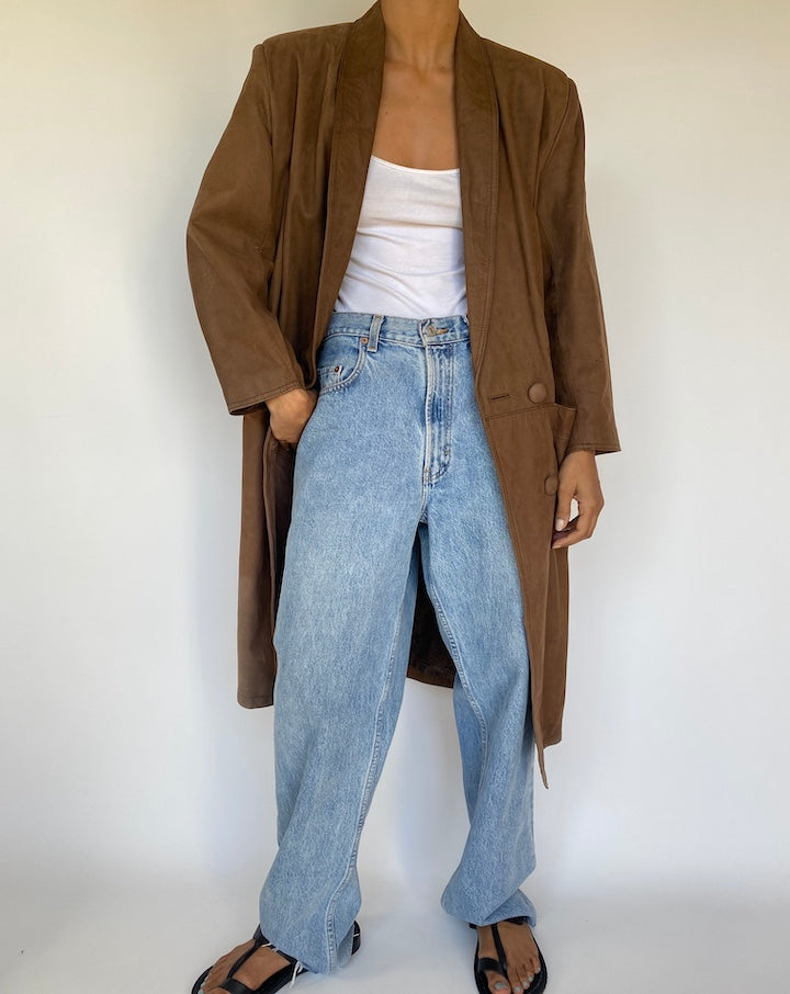 VINTAGE LONG BROWN SUEDE LEATHER JACKET 3205