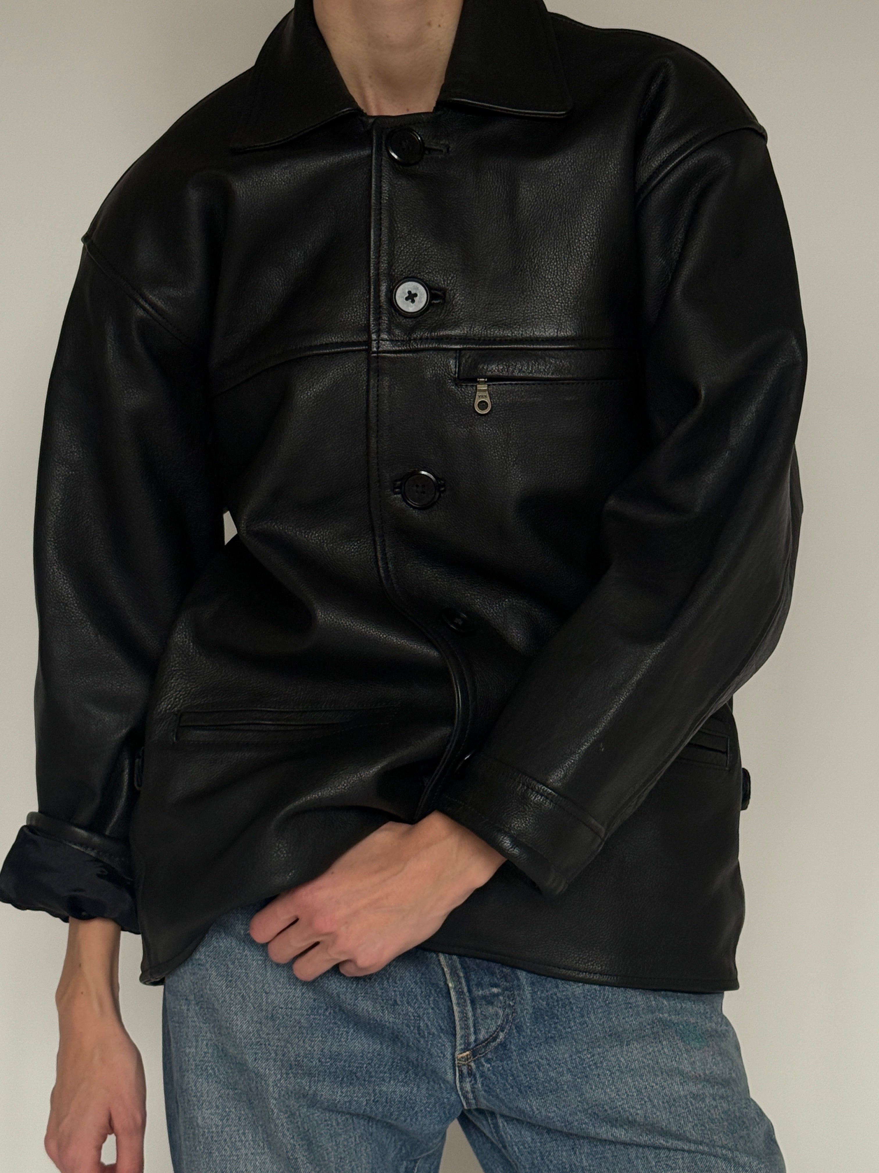 Vintage leather jacket black button detail