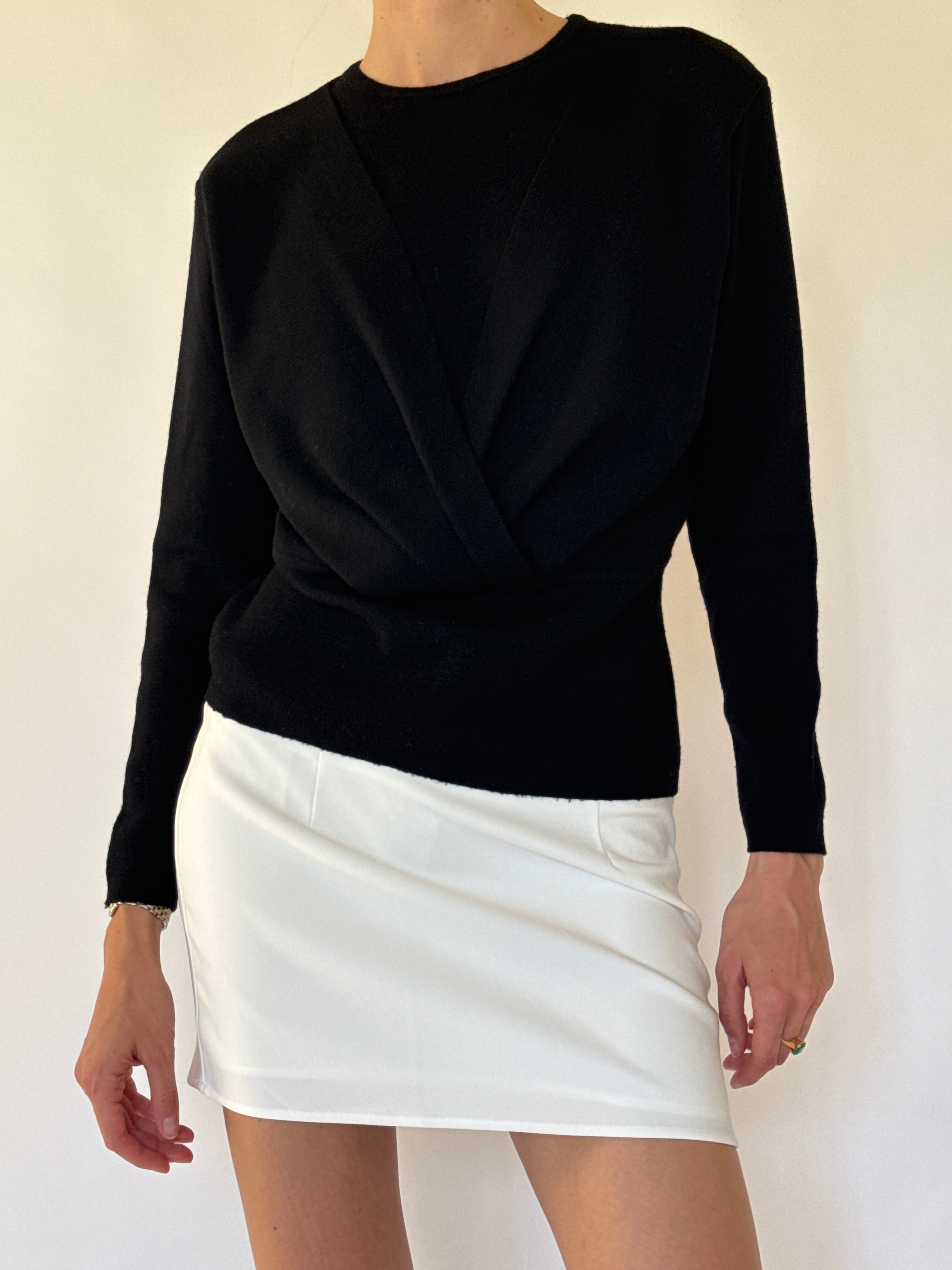 Vintage Merino Wool Wrap Knit Sweater Black 7549