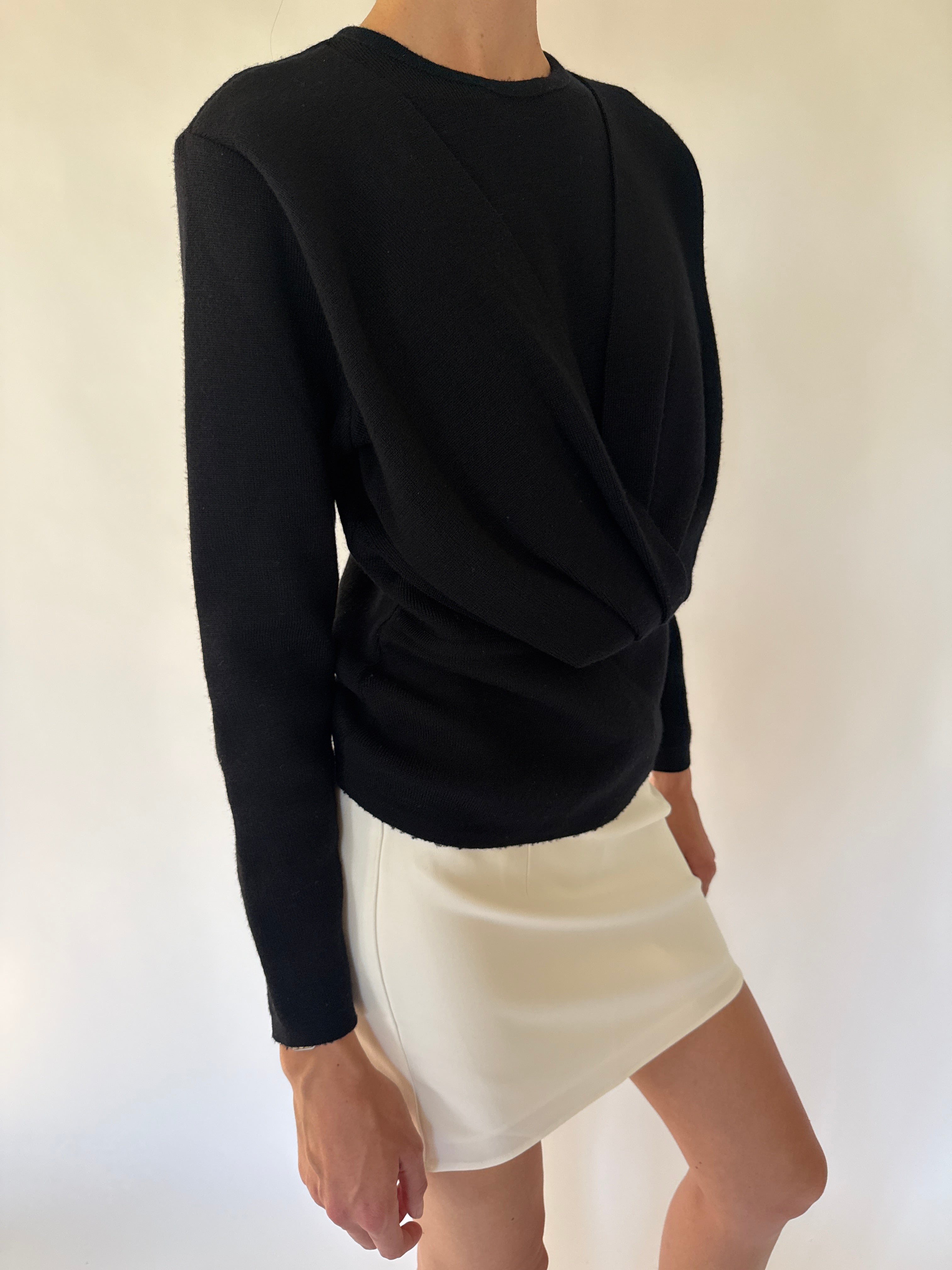 Vintage Merino Wool Wrap Knit Sweater Black 7549