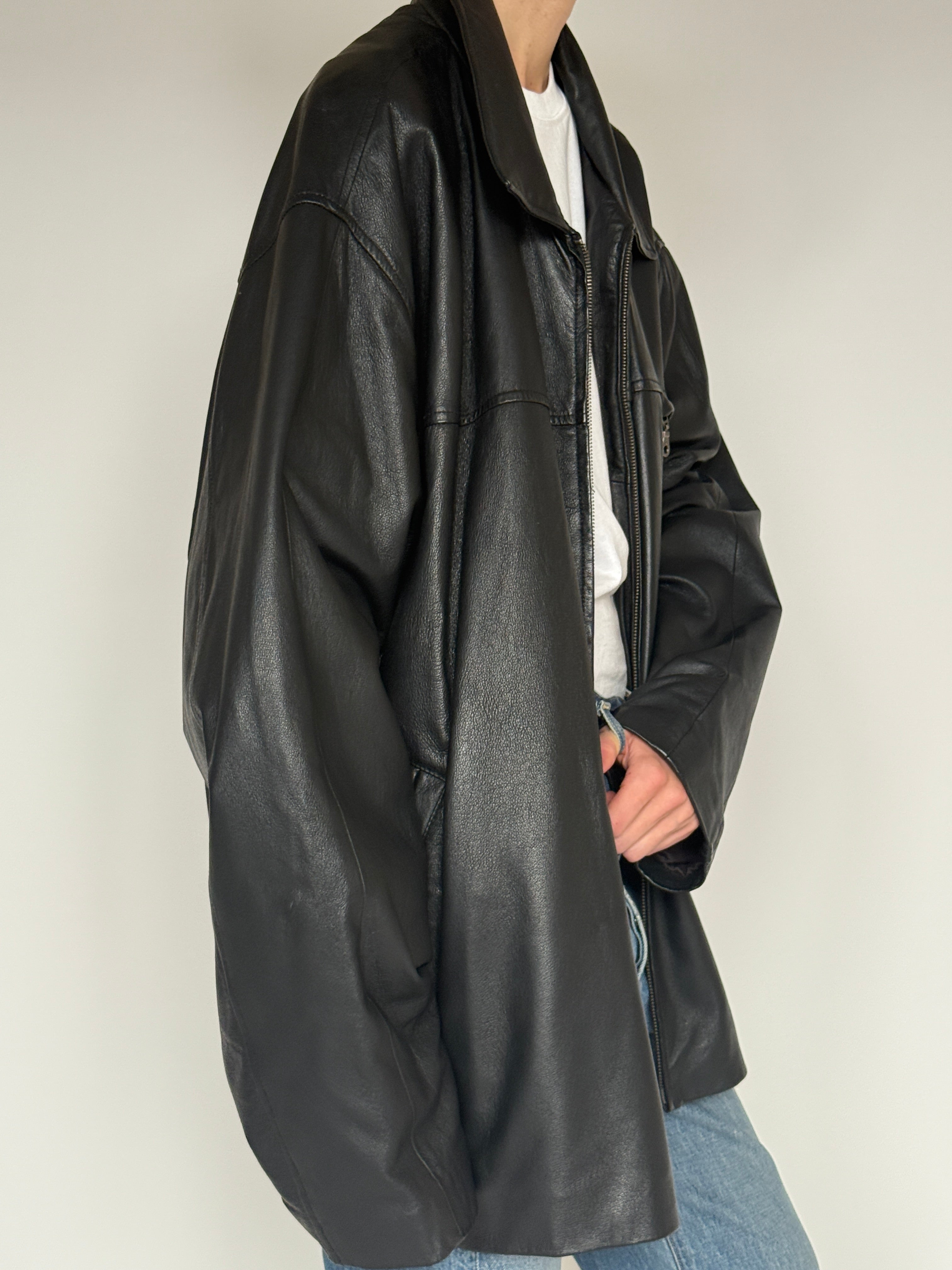 Vintage black leather oversized jacket side view