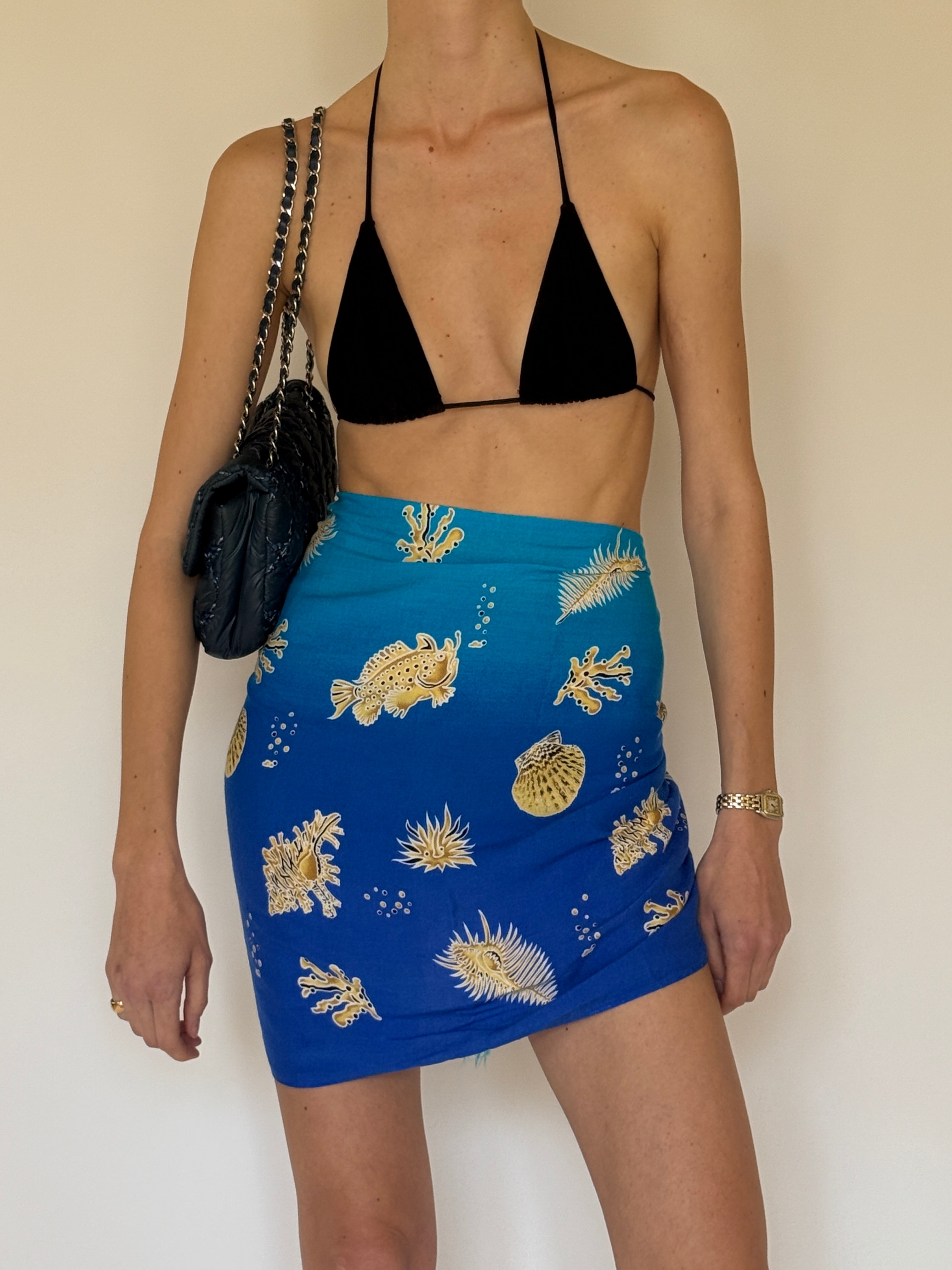 Vintage blue fish print swim sarong mini length wrap shape
