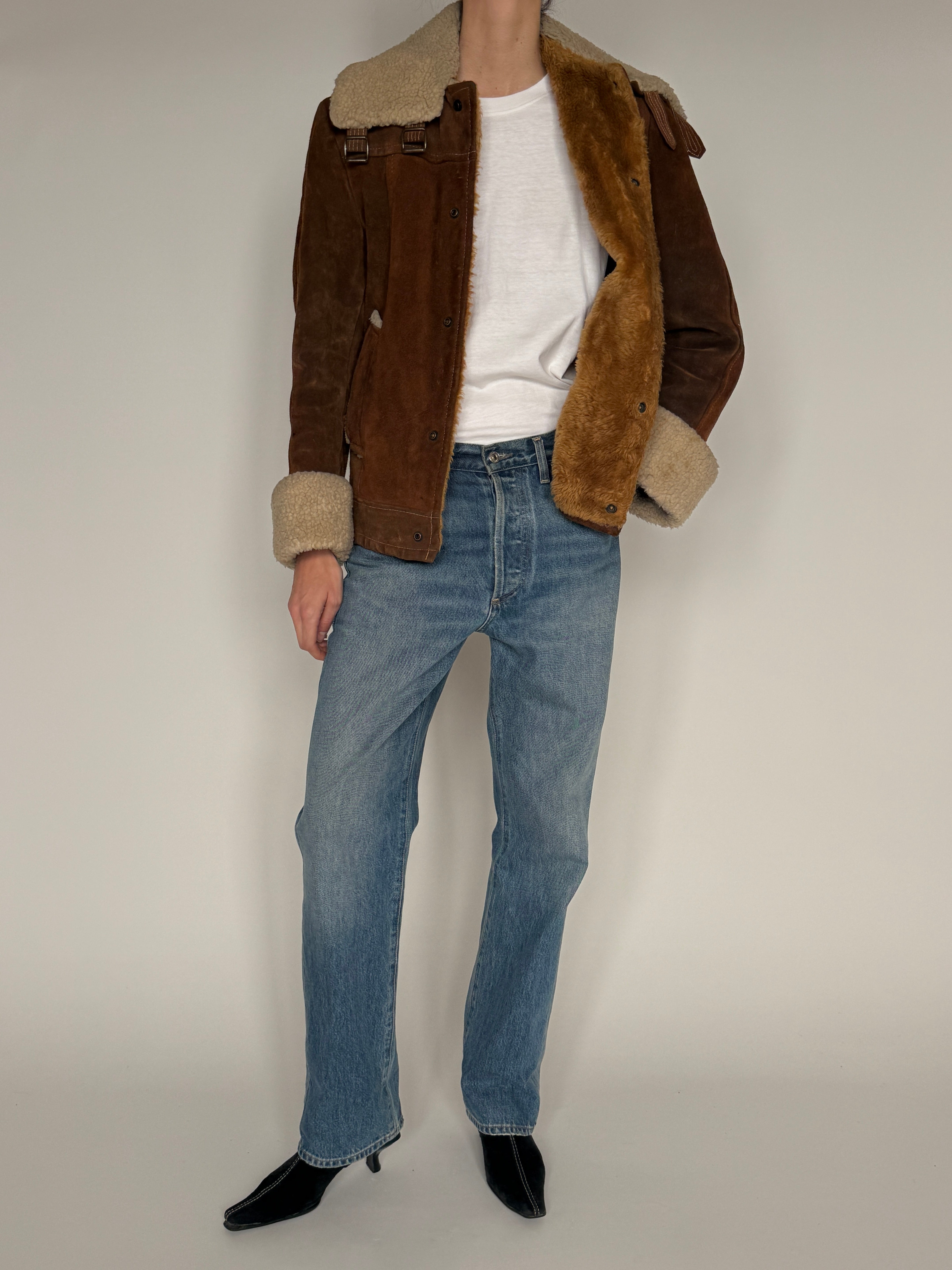 Vintage brown suede shearling jacket front view