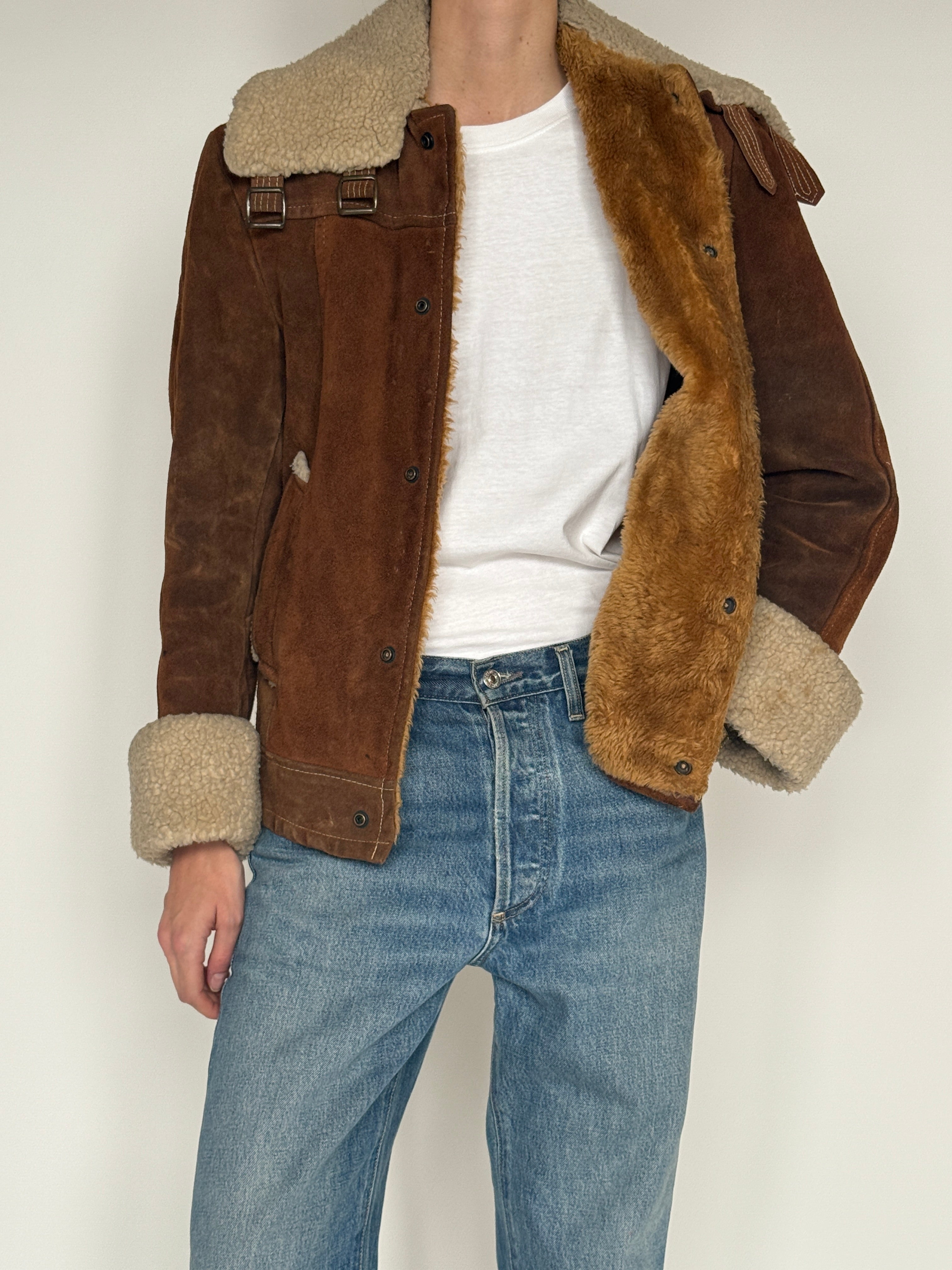 Vintage brown suede shearling jacket front view open