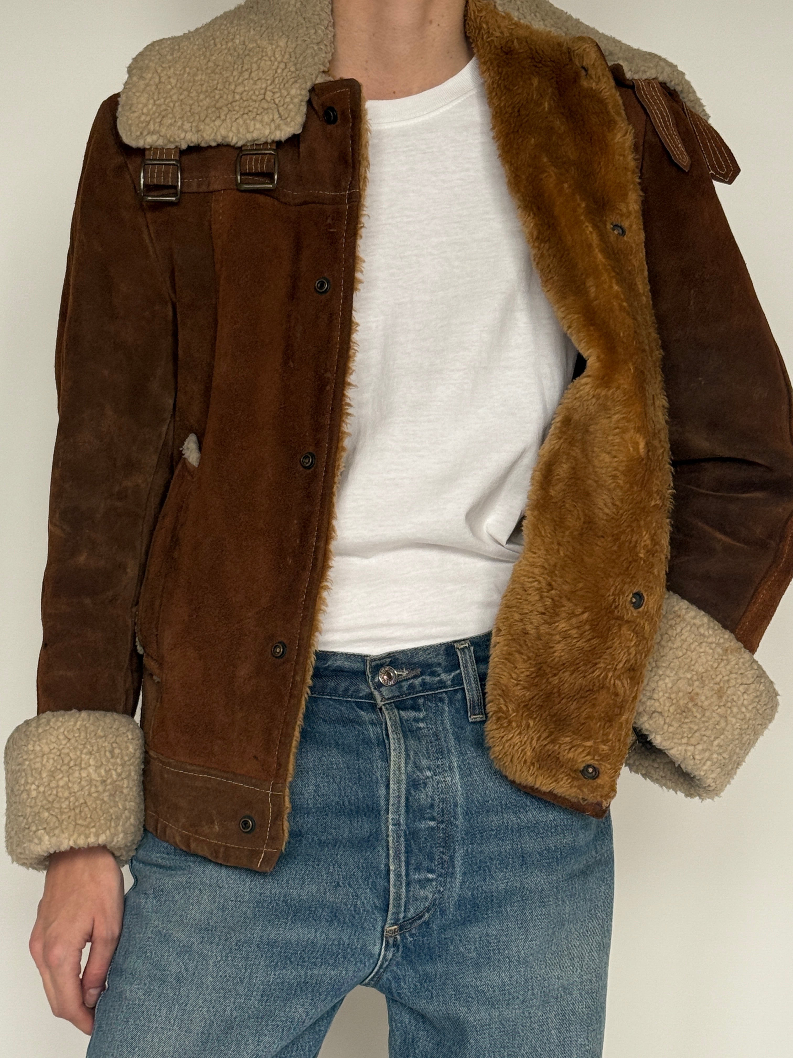 Vintage brown suede shearling jacket fabric close-up