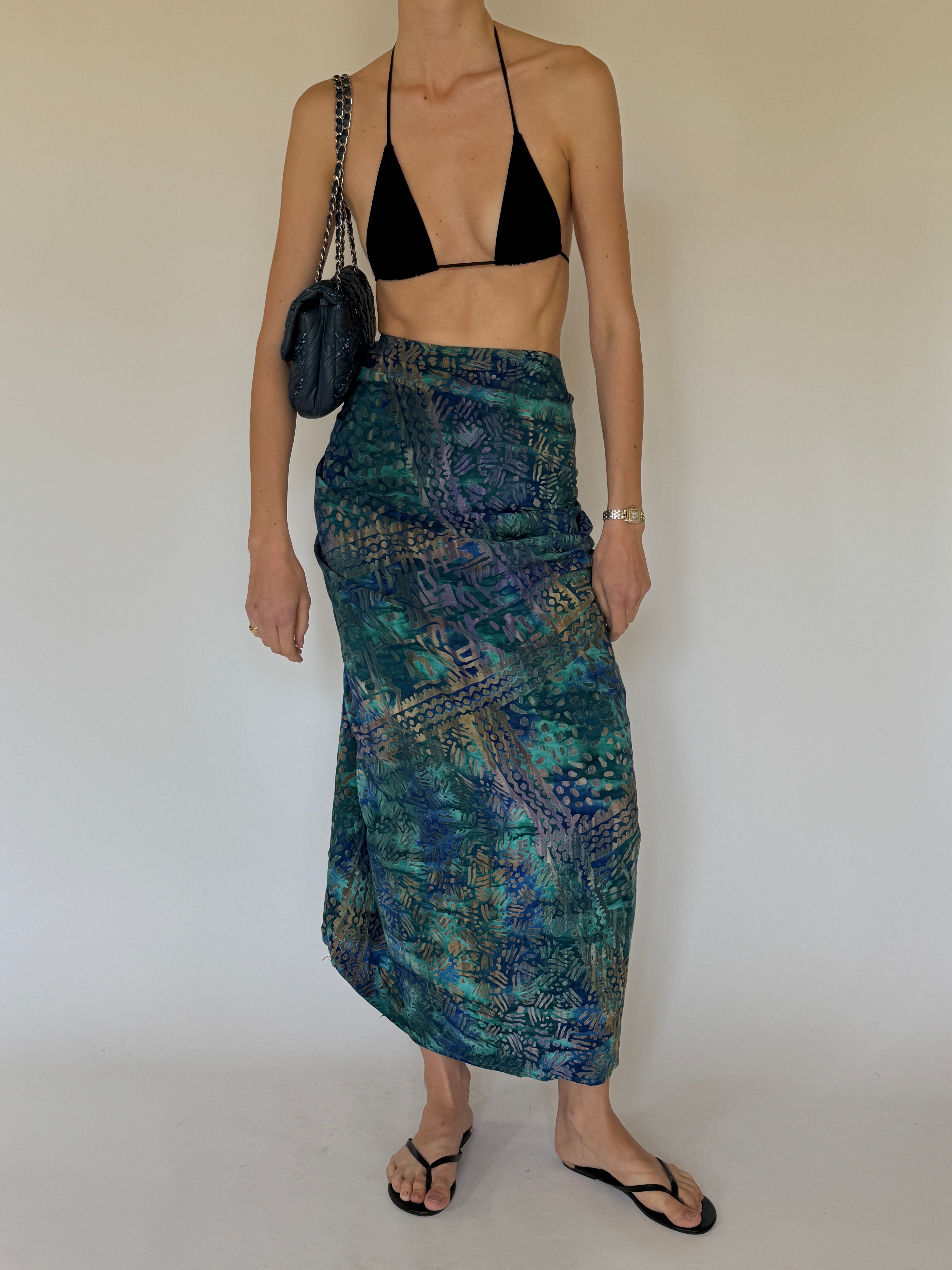 Vintage blue green printed wrap sarong front view