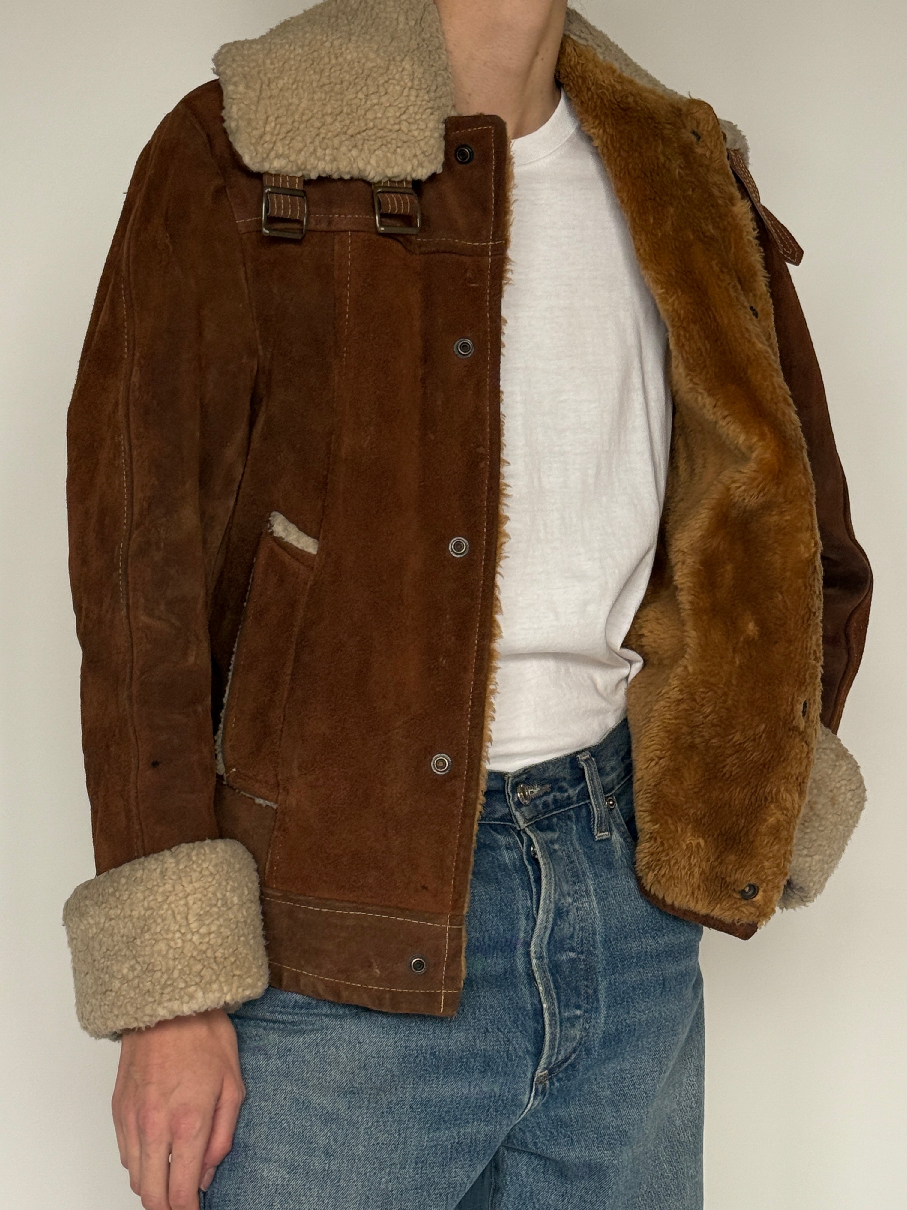 Vintage brown suede shearling jacket side view