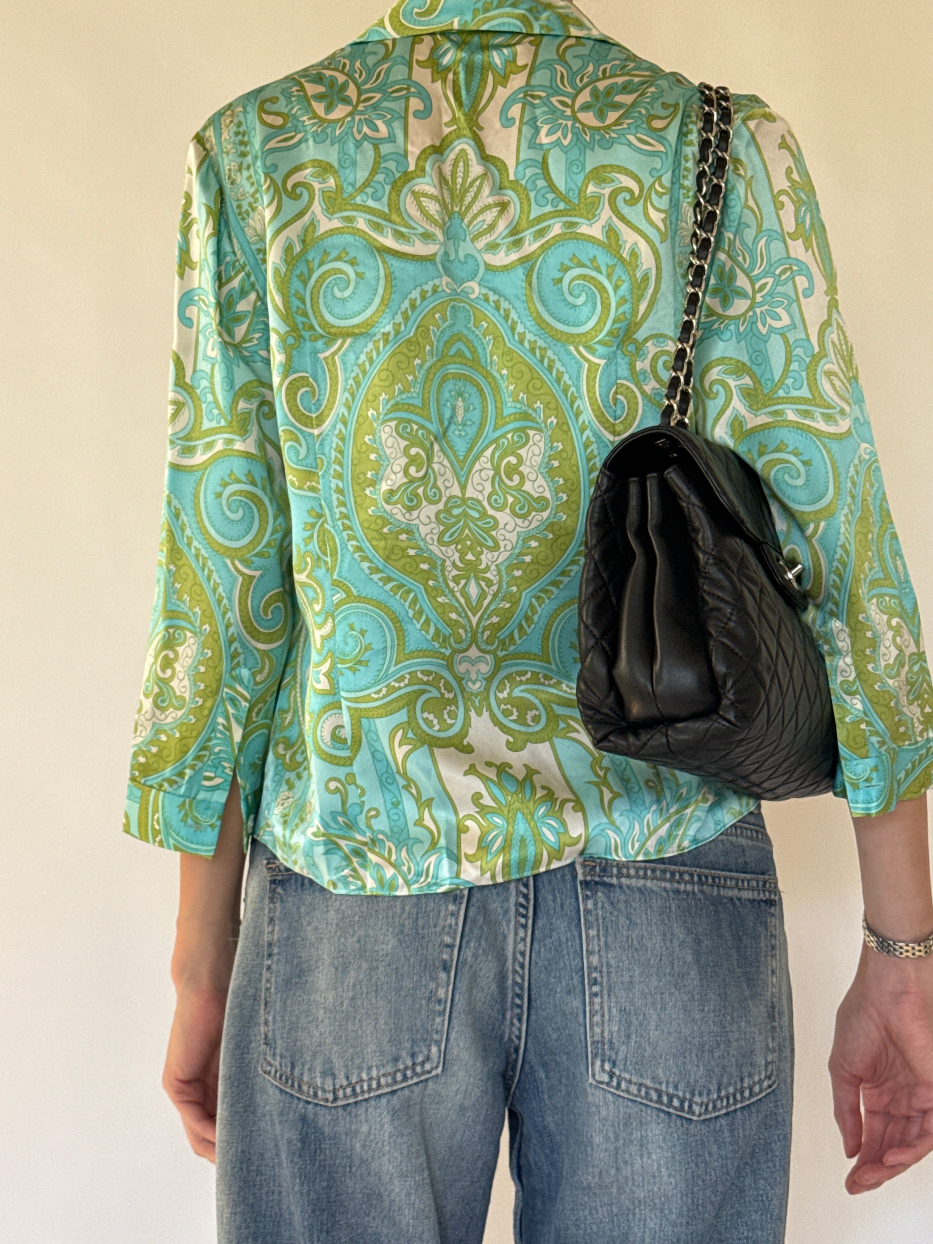 Vintage aqua green silk paisley shirt back view