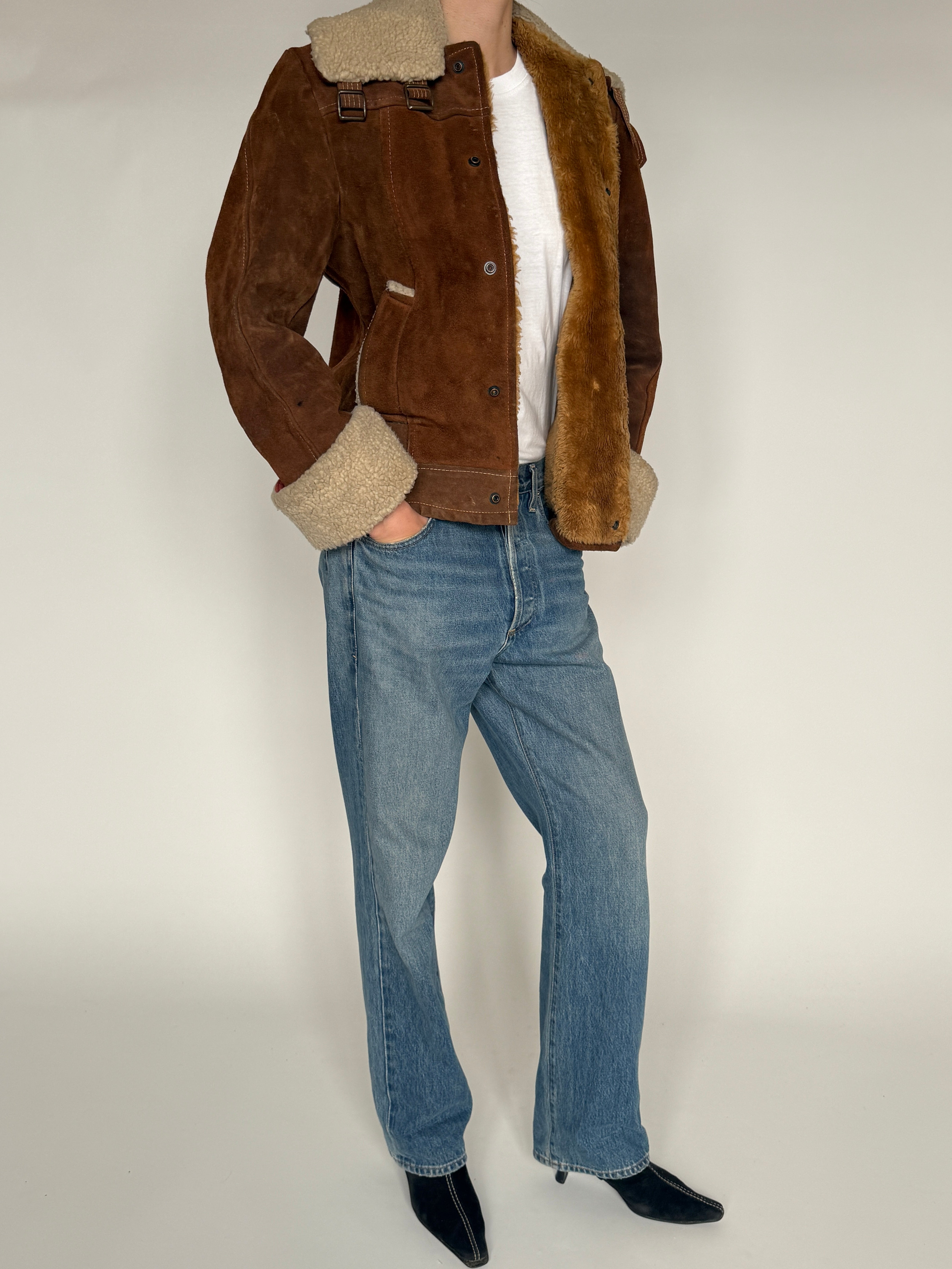 Vintage brown suede shearling jacket side view