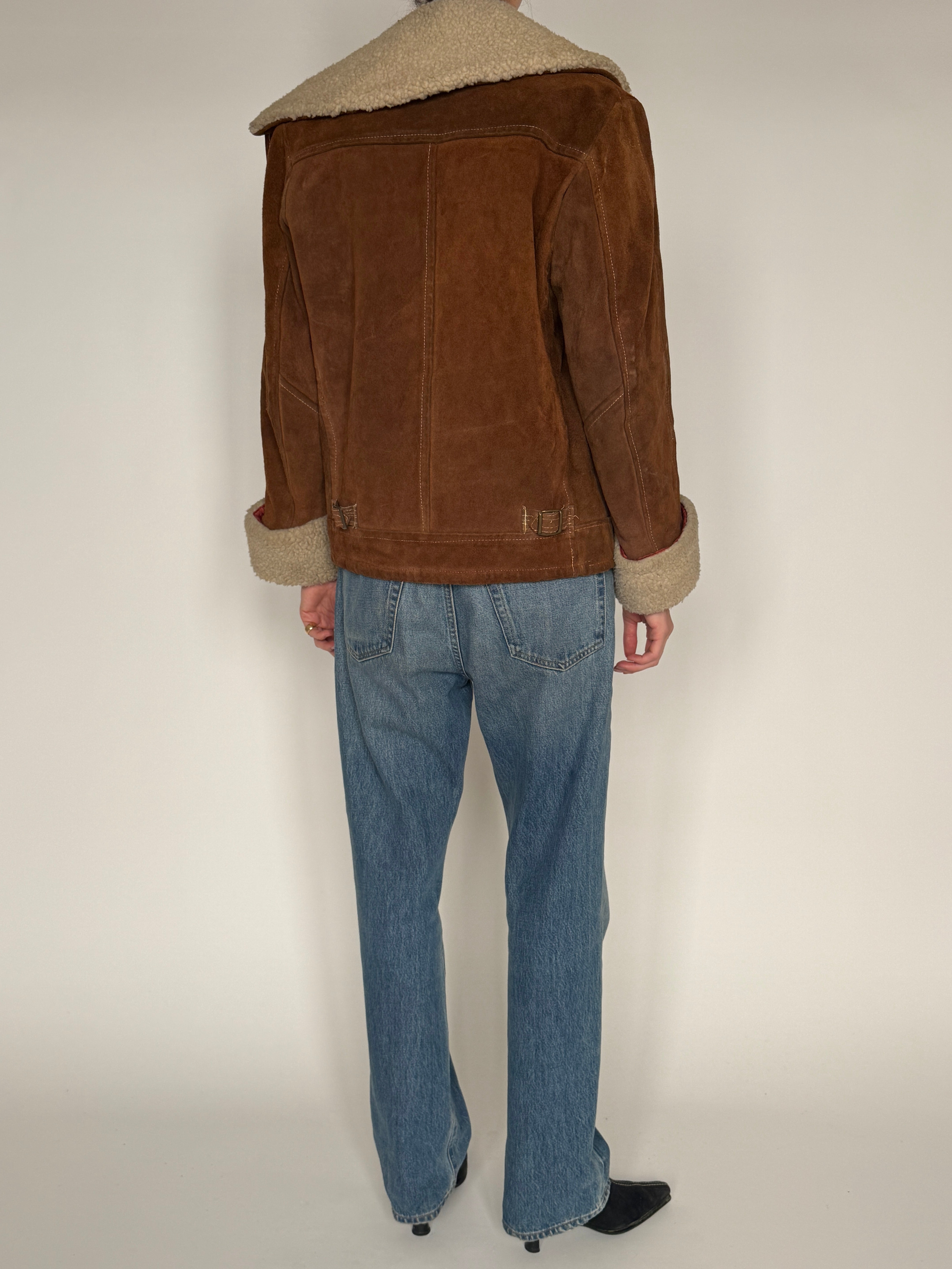 Vintage brown suede shearling jacket back view