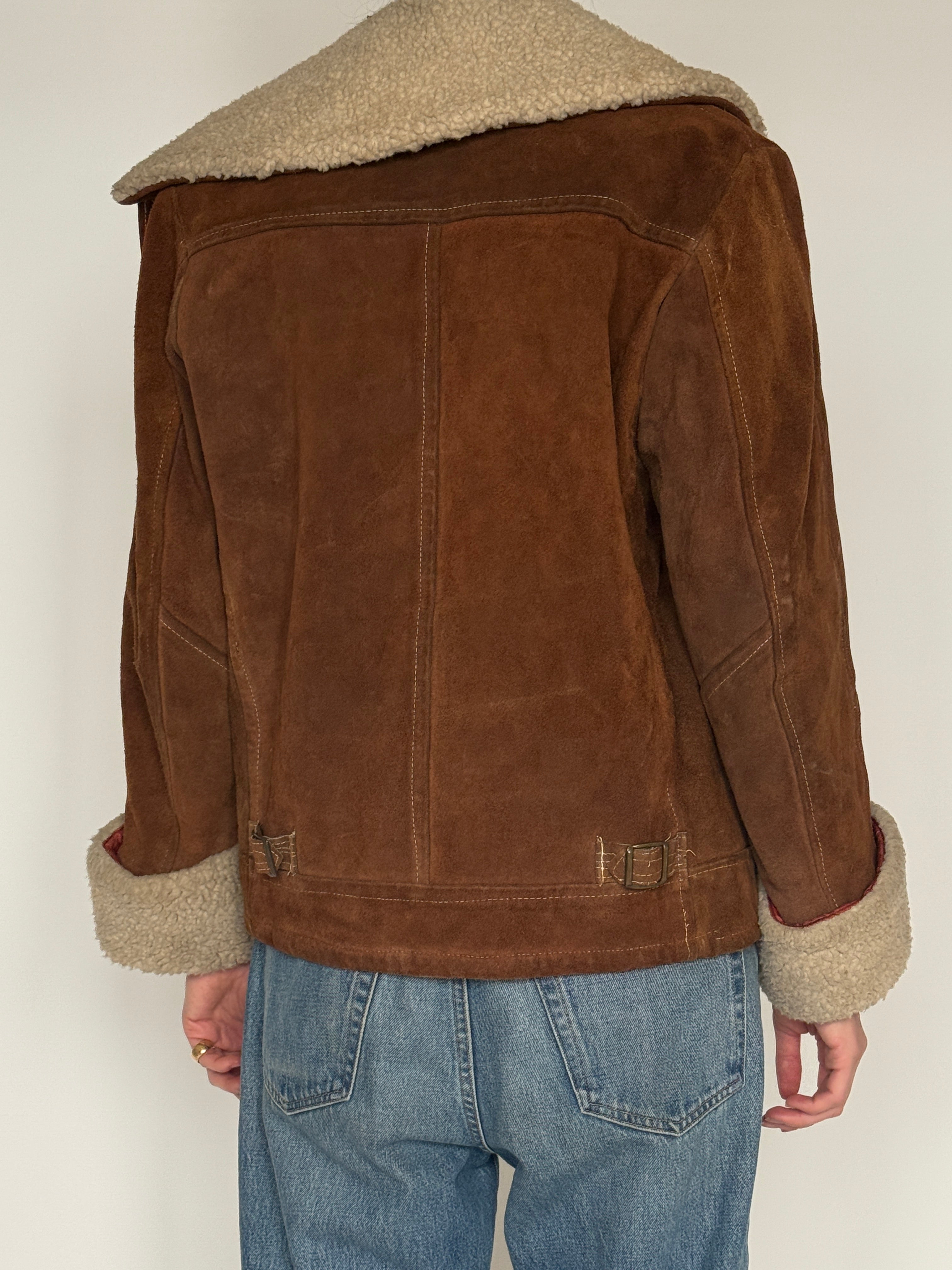 Vintage brown suede shearling jacket back view