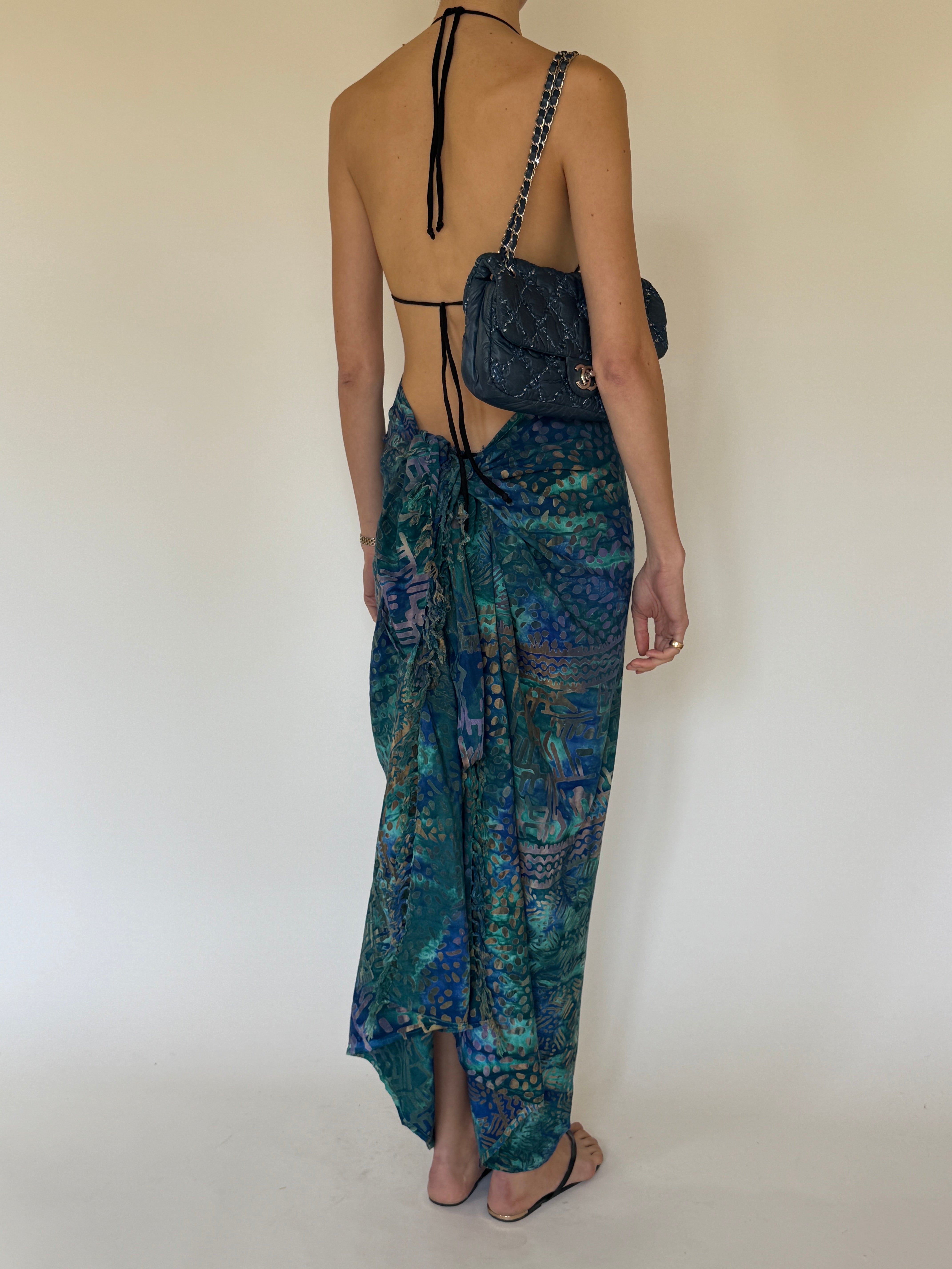 Vintage blue green wrap sarong back view