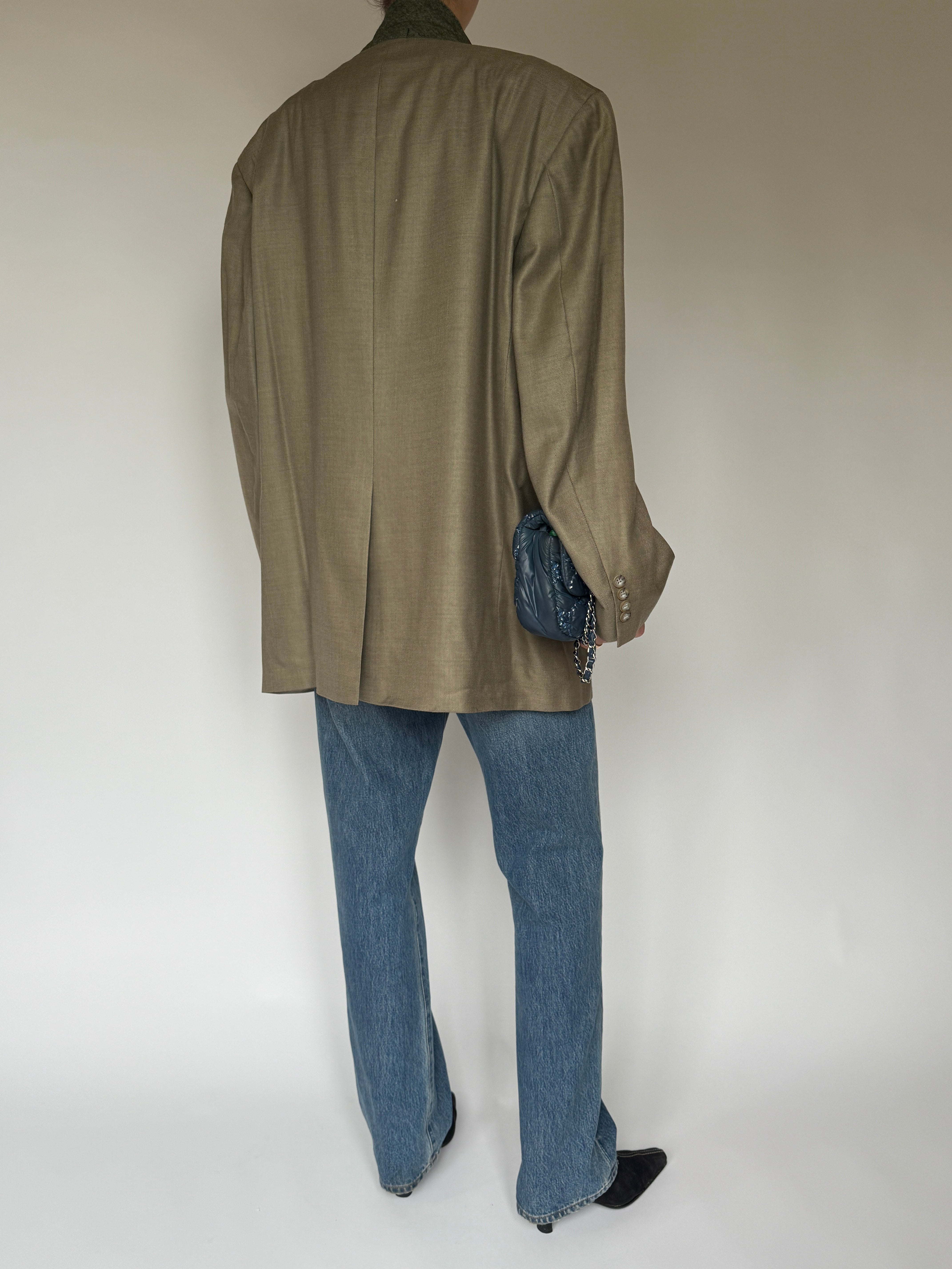 Vintage silk wool blend blazer featuring notched lapels in beige back view