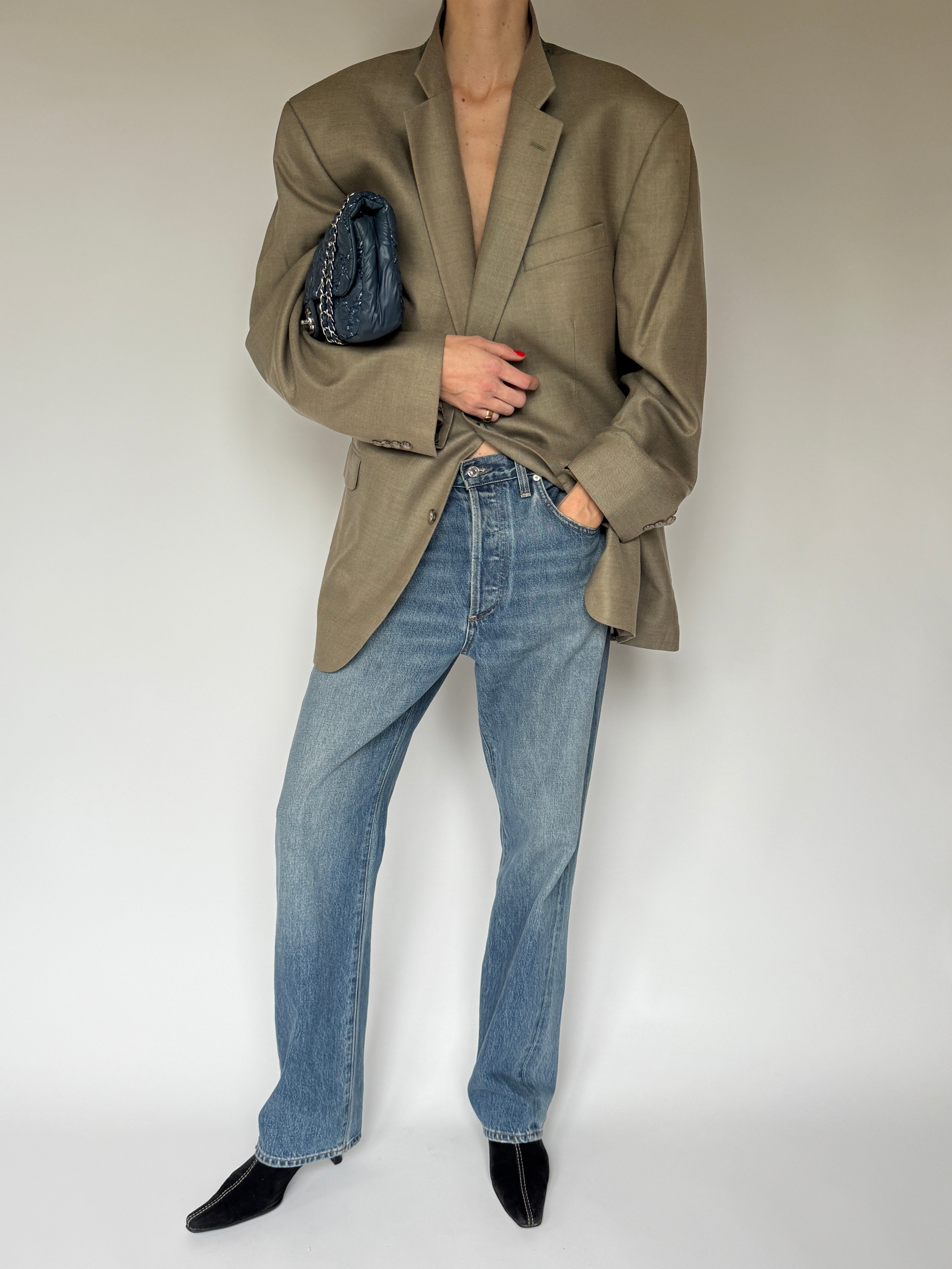 Vintage silk wool blend blazer featuring notched lapels in beige