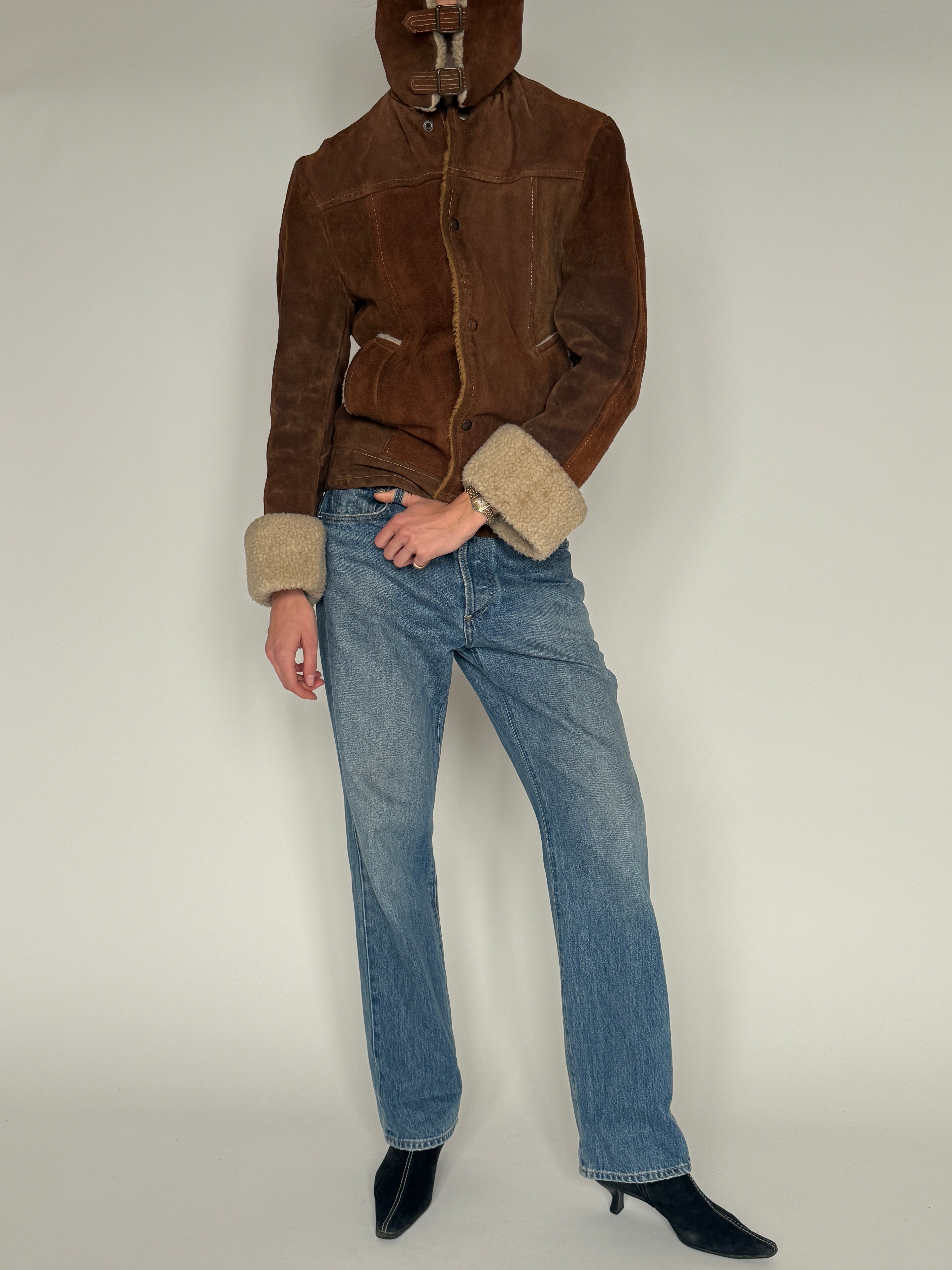 Vintage brown suede shearling jacket front view