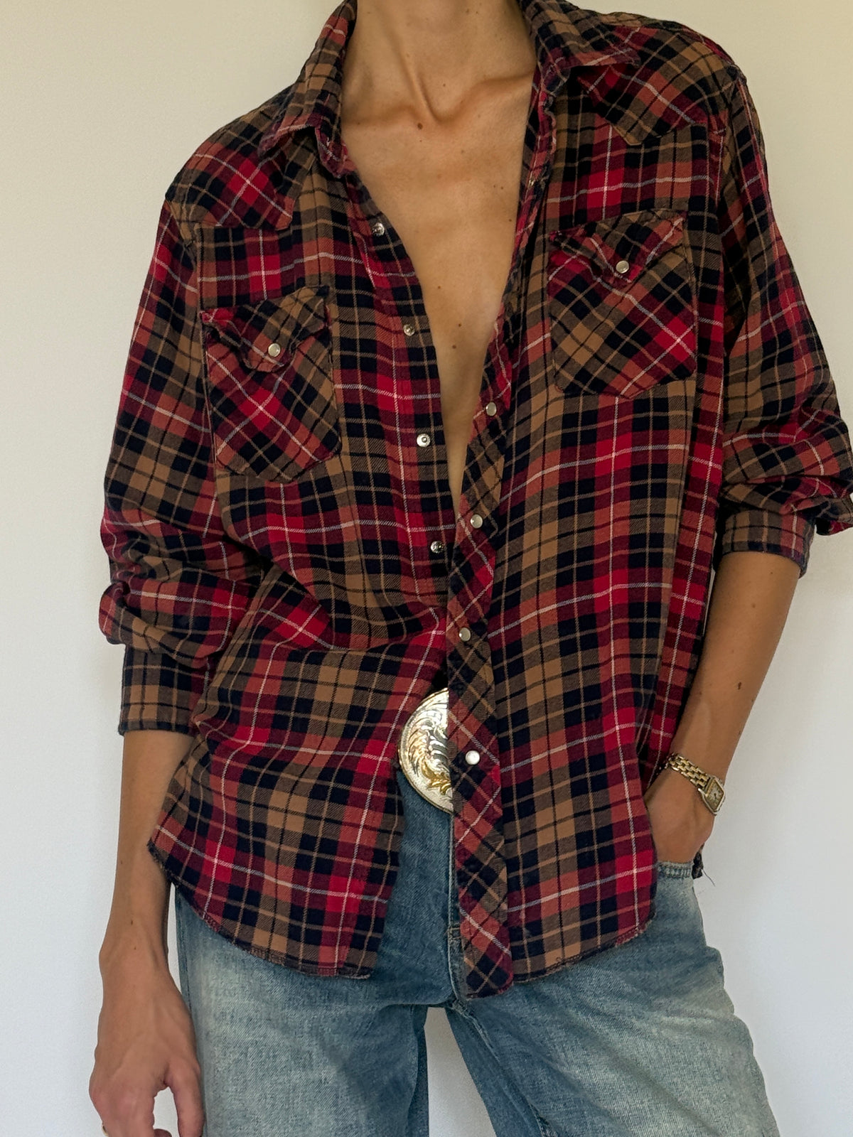 Vintage Western plaid flannel shirt fabric close-up