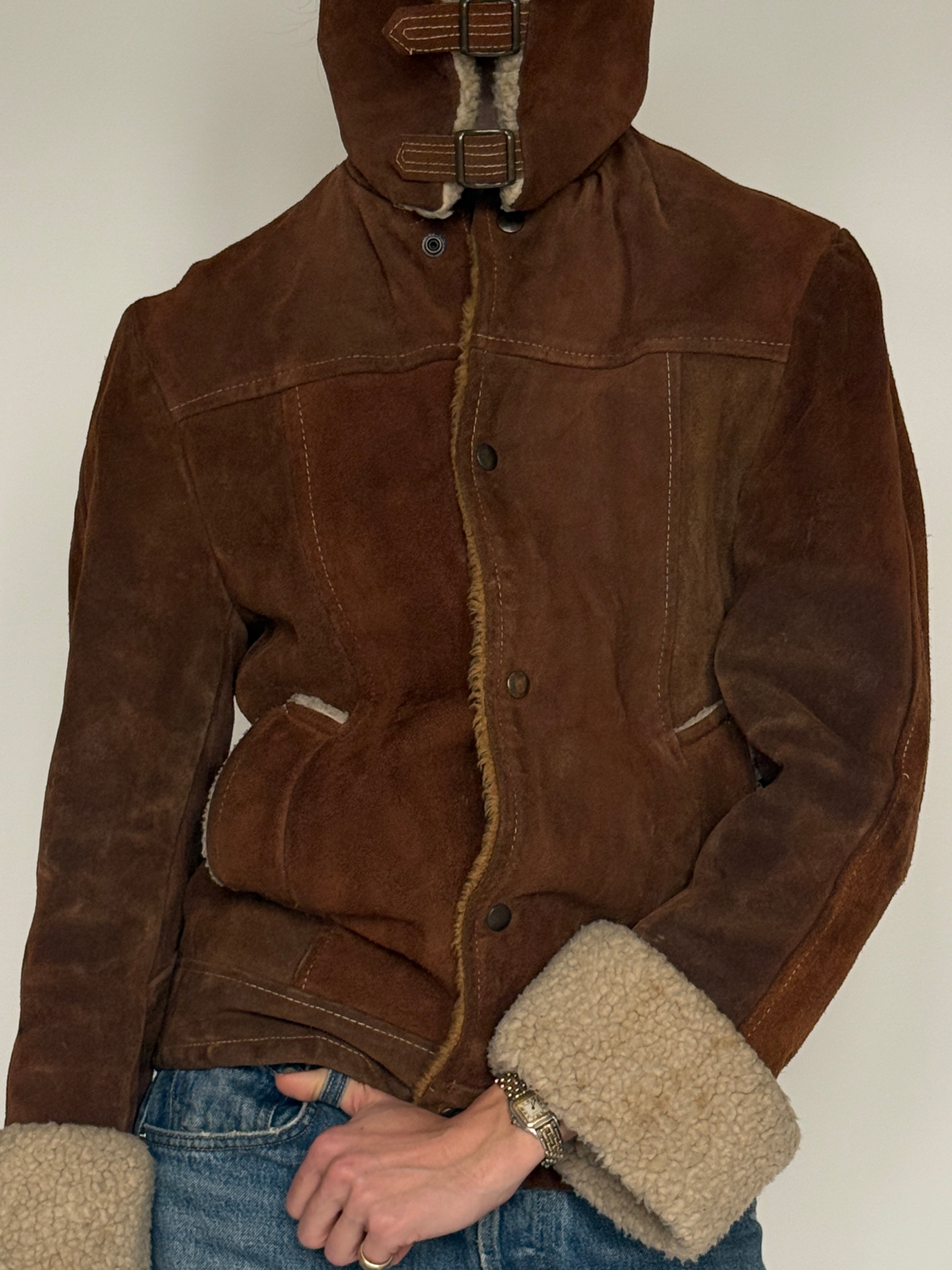 Vintage brown suede shearling jacket front view