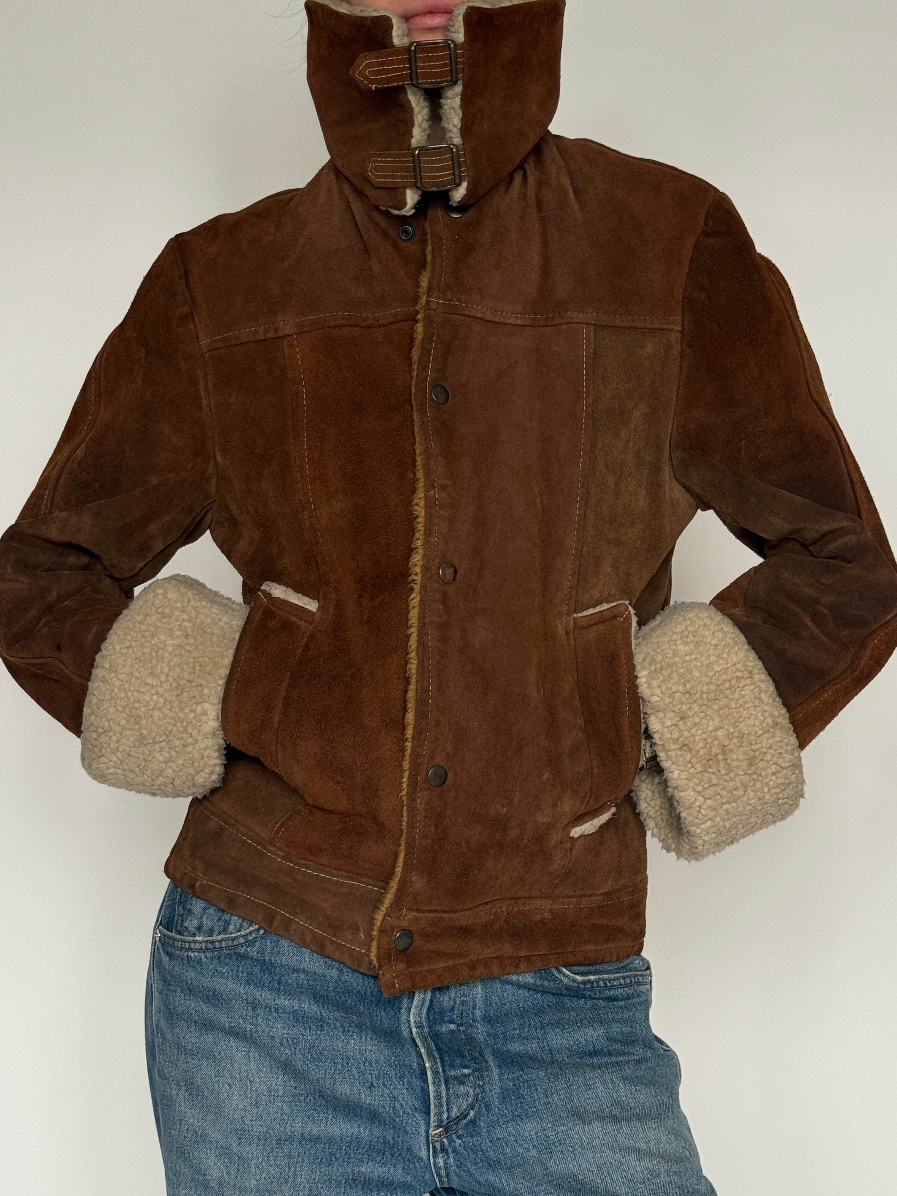 Vintage brown suede shearling jacket collar buckle detail