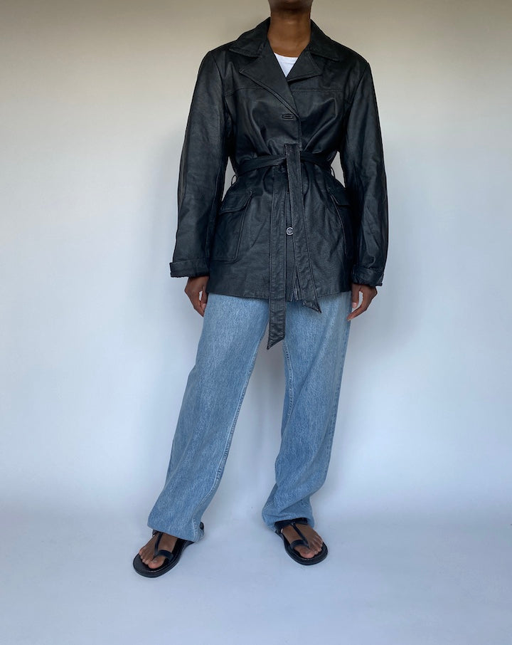 VINTAGE BLACK SHORT TRENCH LEATHER JACKET 3628