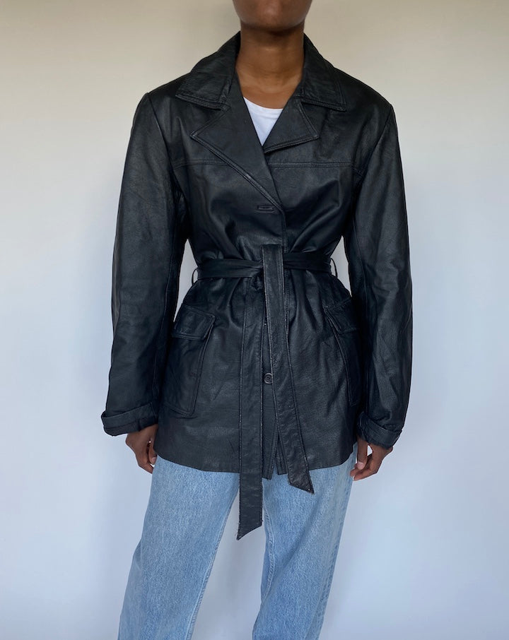 VINTAGE BLACK SHORT TRENCH LEATHER JACKET 3628