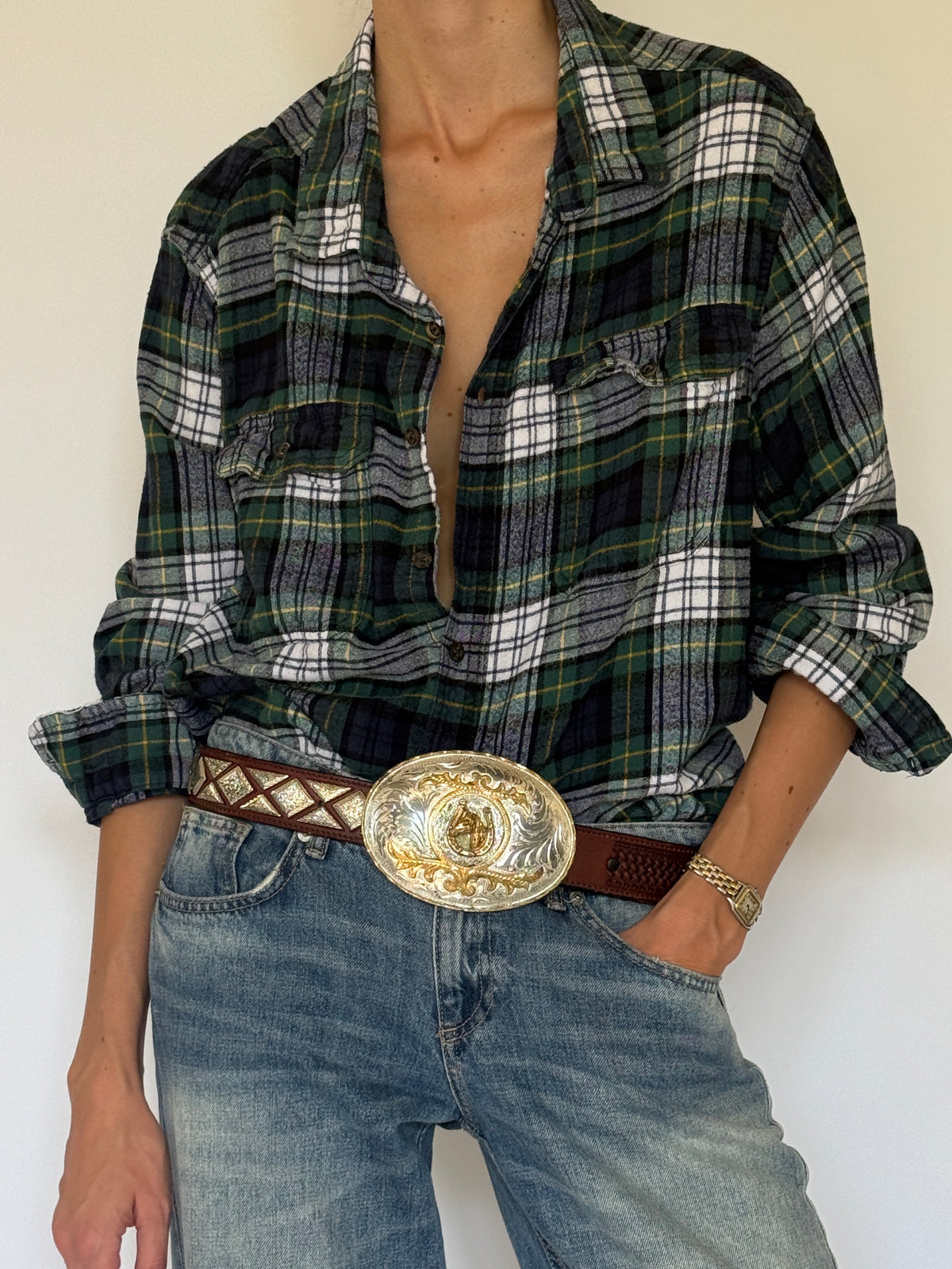 Vintage green plaid flannel shirt button front detail