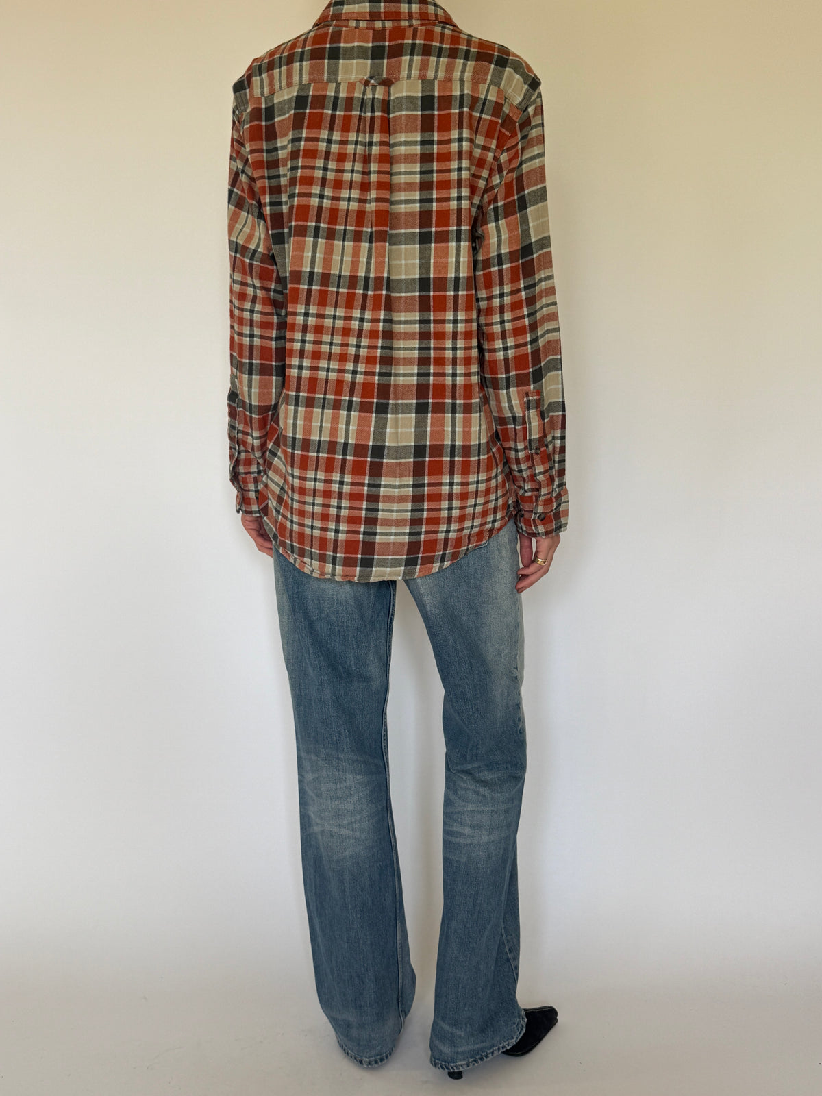Vintage Western-inspired plaid flannel shirt back view