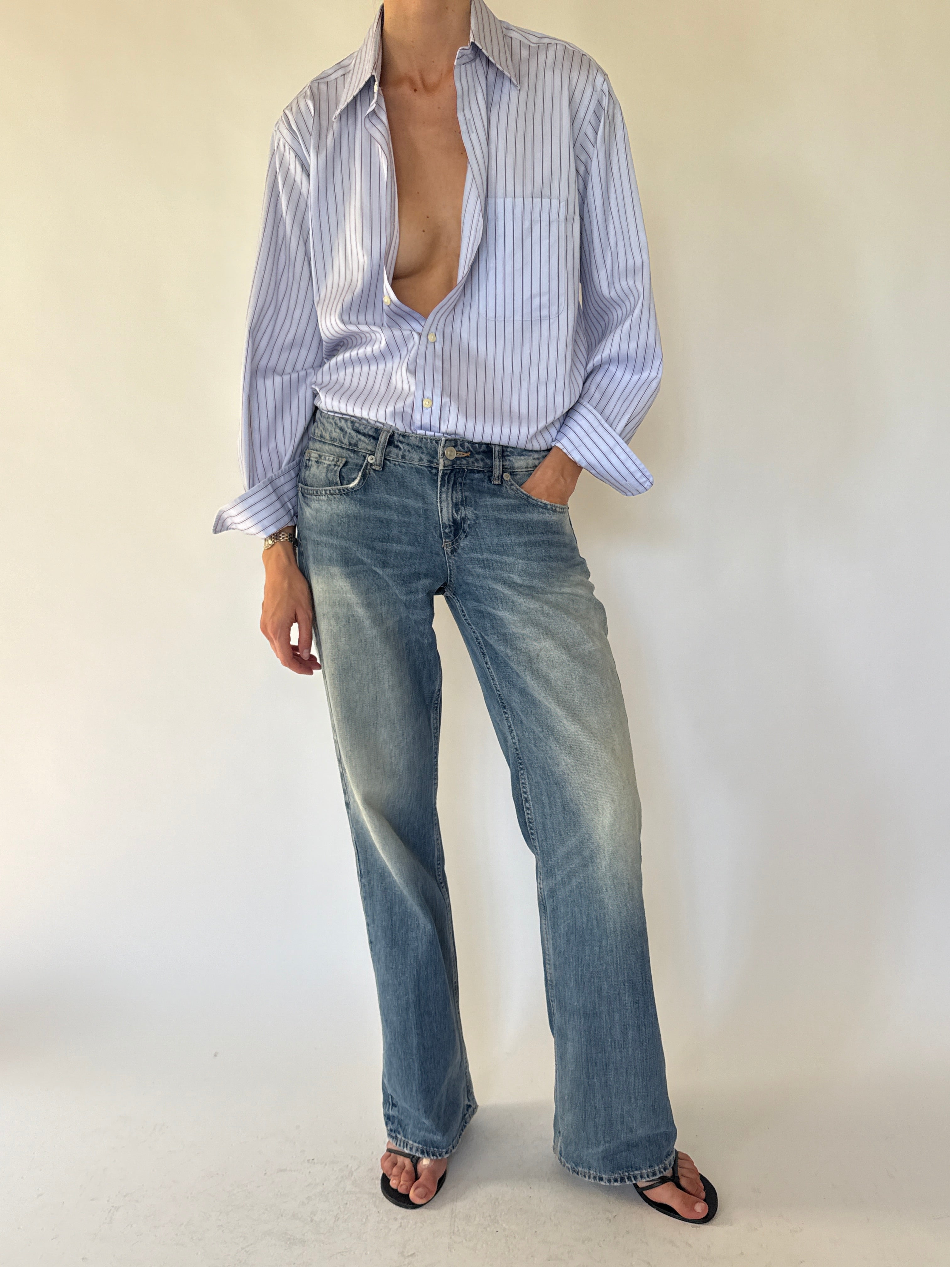 Vintage oversized striped button-up shirt front view