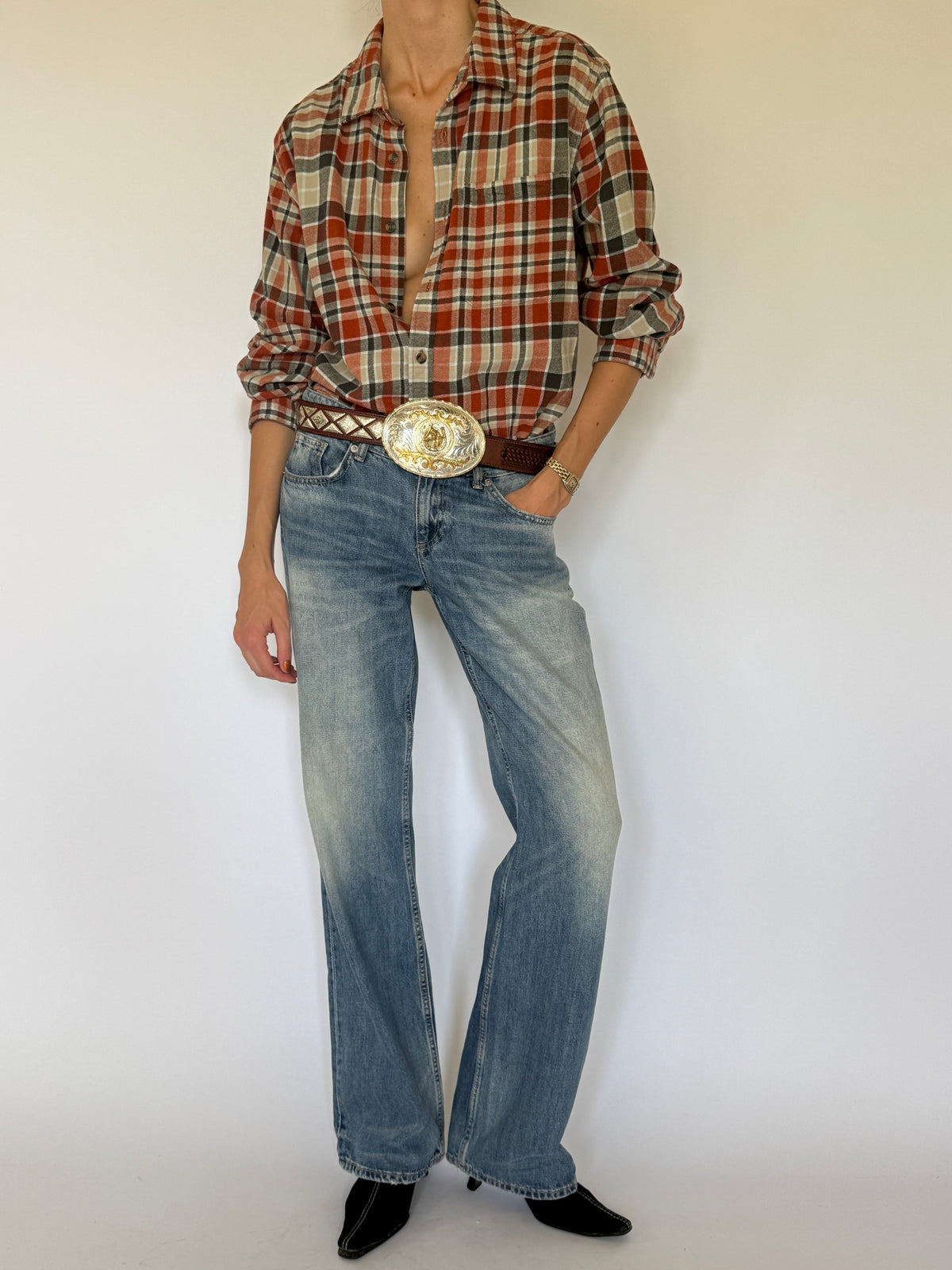 Vintage Western-inspired plaid flannel shirt front view