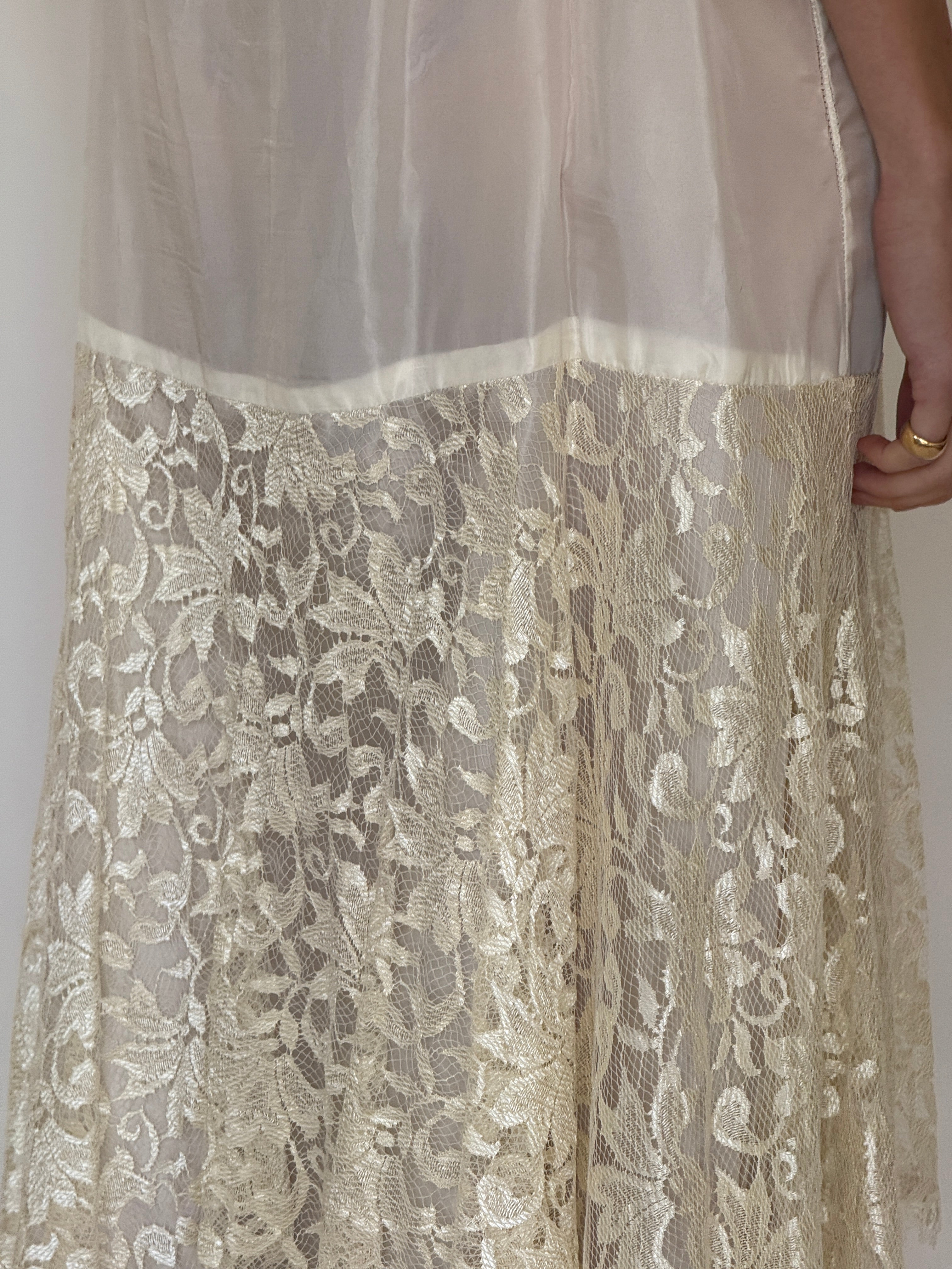 Vintage ivory lace dress layered over slip dress