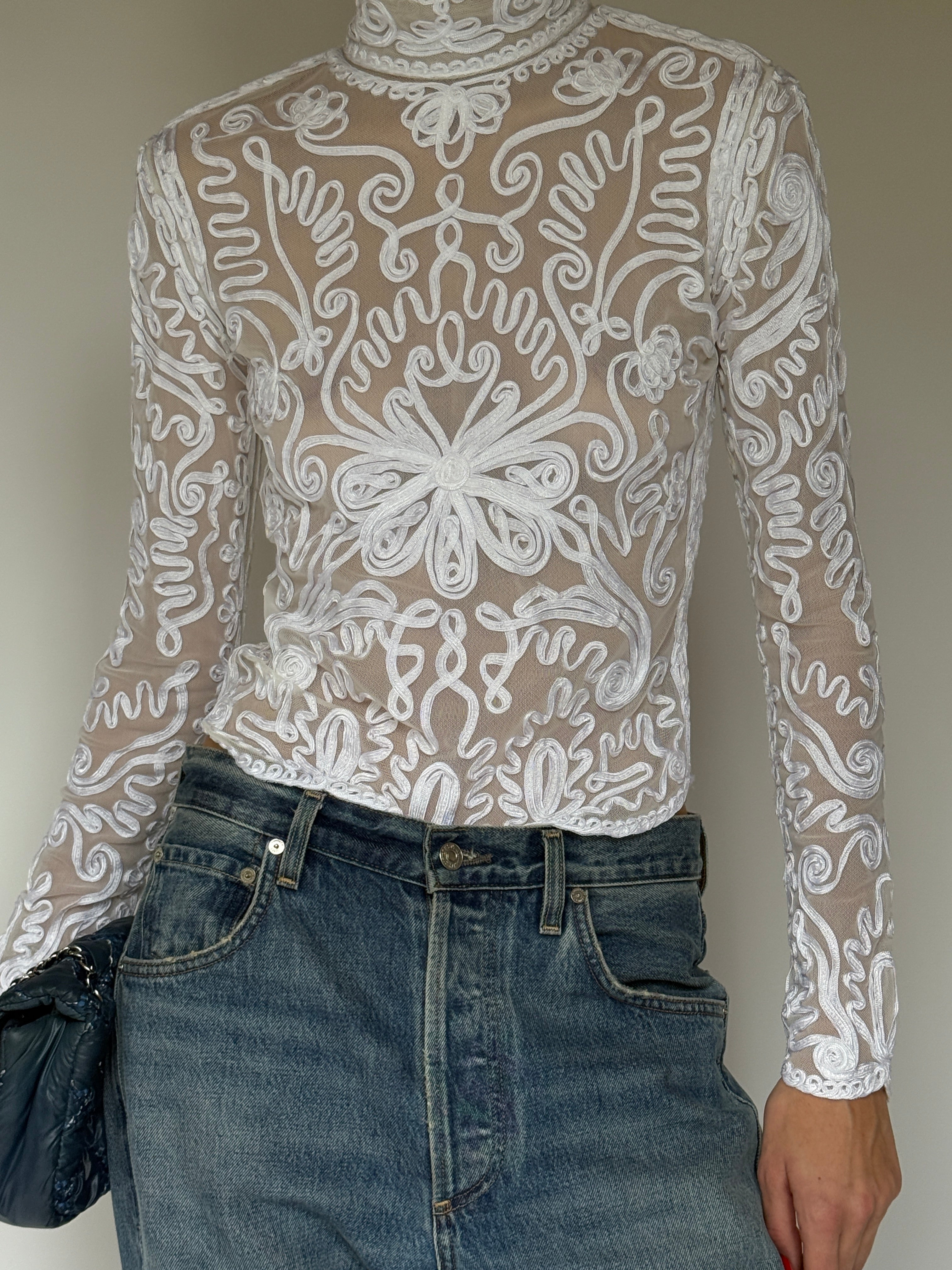 Vintage Sheer Embroidered Lace Top 7061